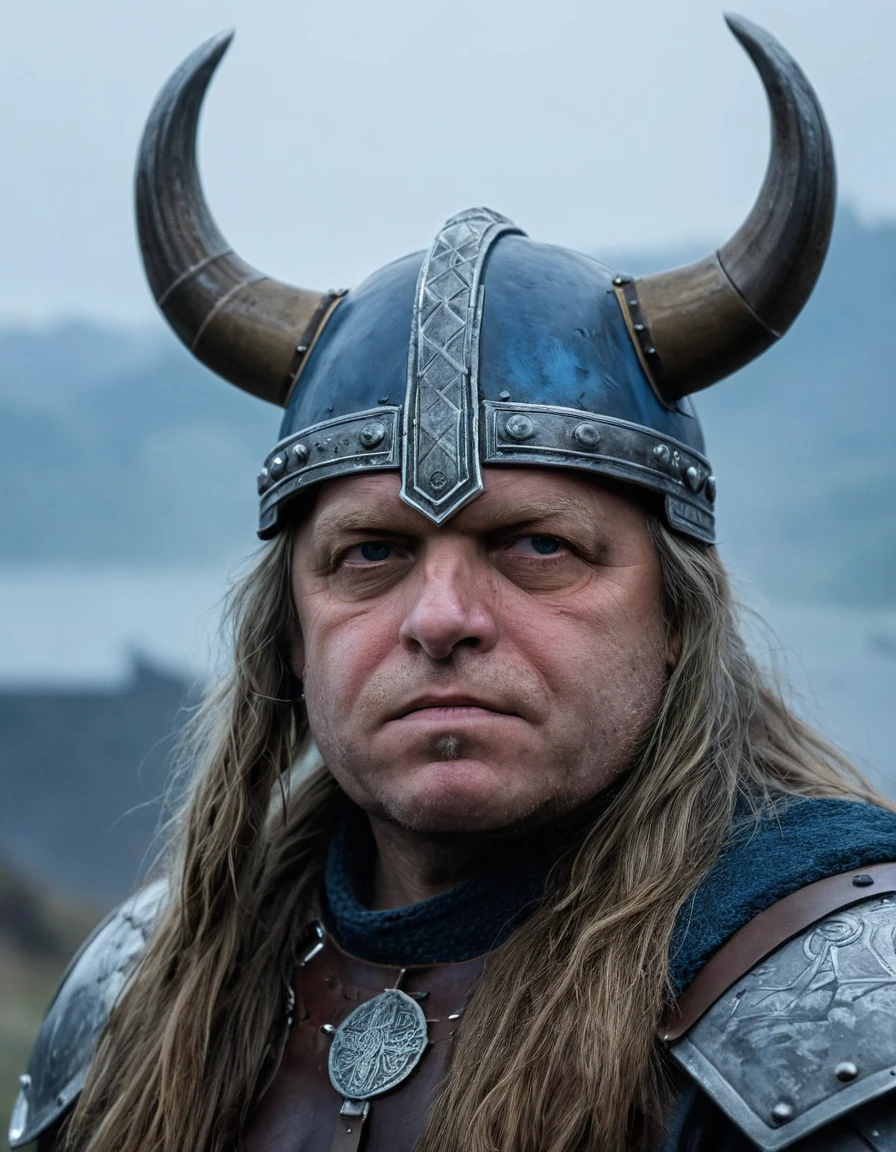 closeup photo of rfico as viking man wearing helmet with horns and armor, long hair, viking village in the background, cinematic lut, blue color tones, fog <lora:rfico:1>