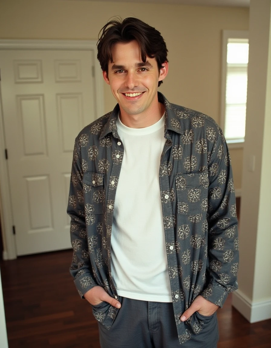 <lora:Xander_Harris_Flux:1> This photograph features a young man mid 20's standing indoors, hair styled neatly, slightly tousled manner. wearing a loose long sleeve shirt with a repeating pattern, t-shirt and slacks. Looking at the viewer, smile