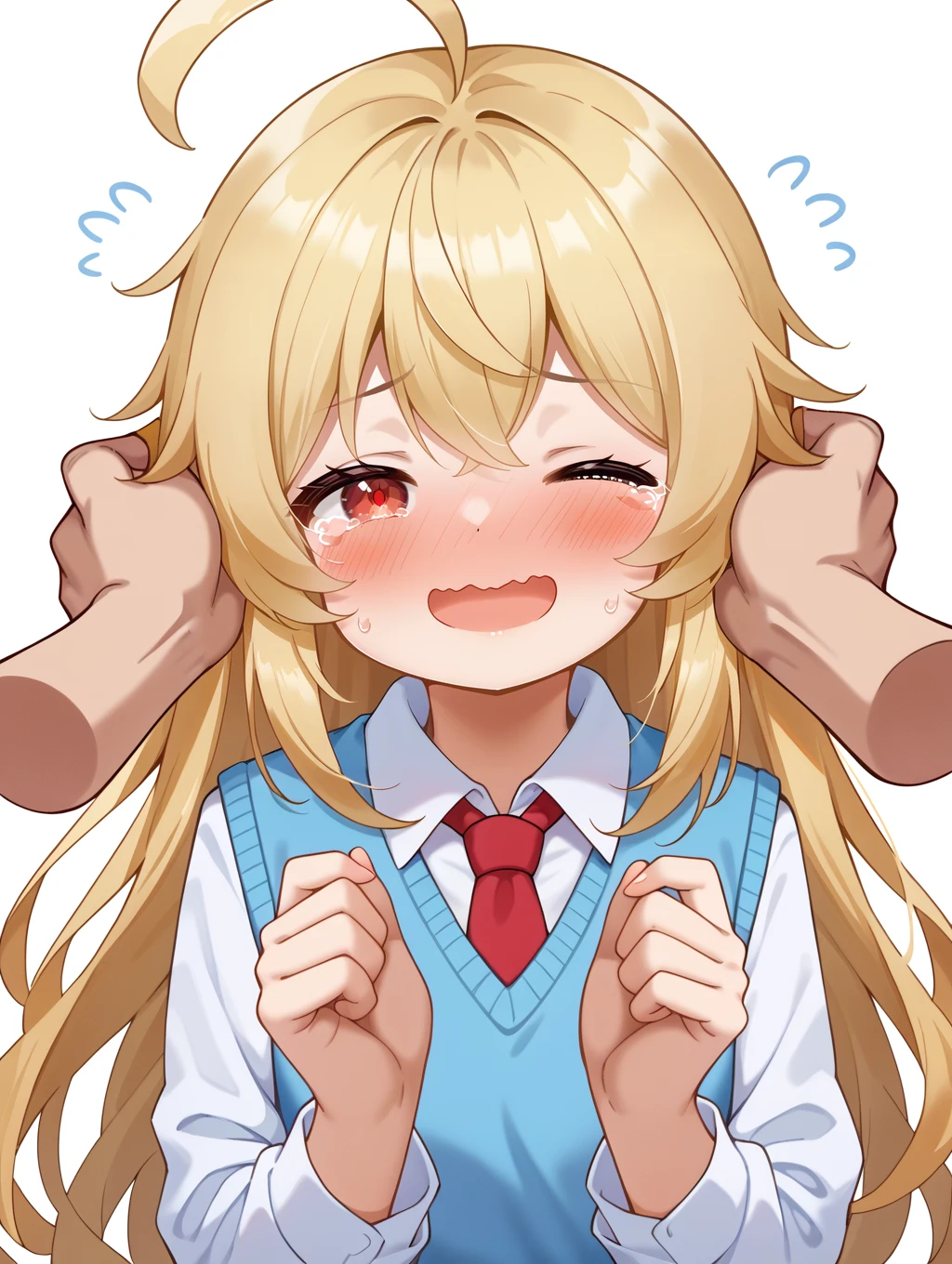 1girl, 
tears, brown hair, wavy mouth, red eyes, one eye closed, sweater vest, collared shirt, dress shirt, blue sweater vest, long hair, =_=, white shirt, blush, :d, smile, looking at viewer, cropped torso, hair between eyes, closed mouth, upper body, shirt, ;3, closed eyes, @_@, ahoge, open mouth, necktie, solo focus, long sleeves, red necktie, hands up, disembodied limb, flying sweatdrop, :i, nose blush, multiple views,
she has a sad expression on her face and is holding her head in her hands, as if she is upset or frustrated. the background is white and there are several smaller illustrations around her, including one of a boy with blonde hair and another of a girl with brown eyes. the text above the image reads "ãã¤ãã¾ã" which translates to "i love you" in english.
score_9, score_8_up, score_7_up, source_anime
 <lora:style016:0.8>