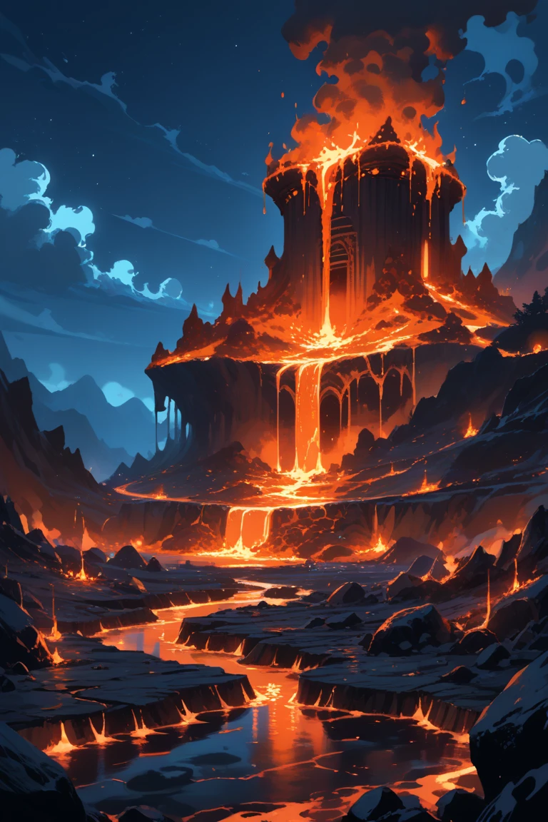 score_9, score_8_up, score_7_up, source_anime, rating_safe, night, dark, natural lighting, fantasy magma-structure focus, Damagma, lava, magma, molten rock, intricately detailed illustration, depth of field, atmospheric perspective,