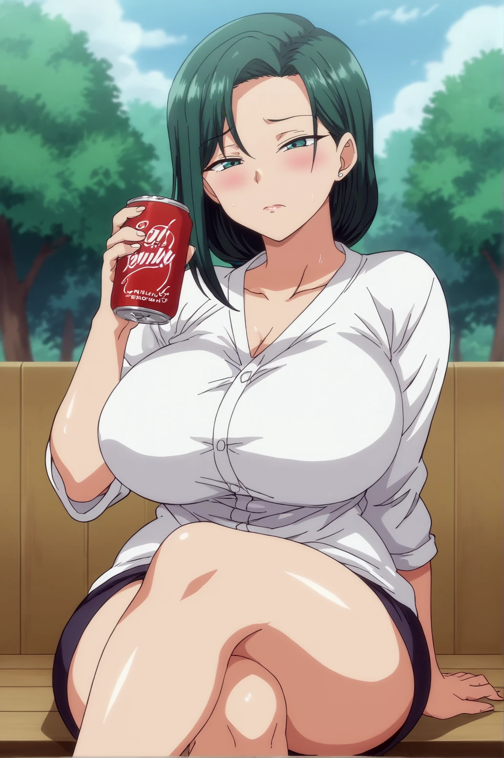 score_9, score_8_up, score_7_up,anime_source, source_anime, best background, detailed background, anime screencap,  1girl, green hair, solo, cowboy shot, outdoors, blush, horny, crossed legs, sitting, drinkin , soda can, milf, huge breasts,  <lora:JN_Saimin_Seishidou_ArtStyle:0.8>