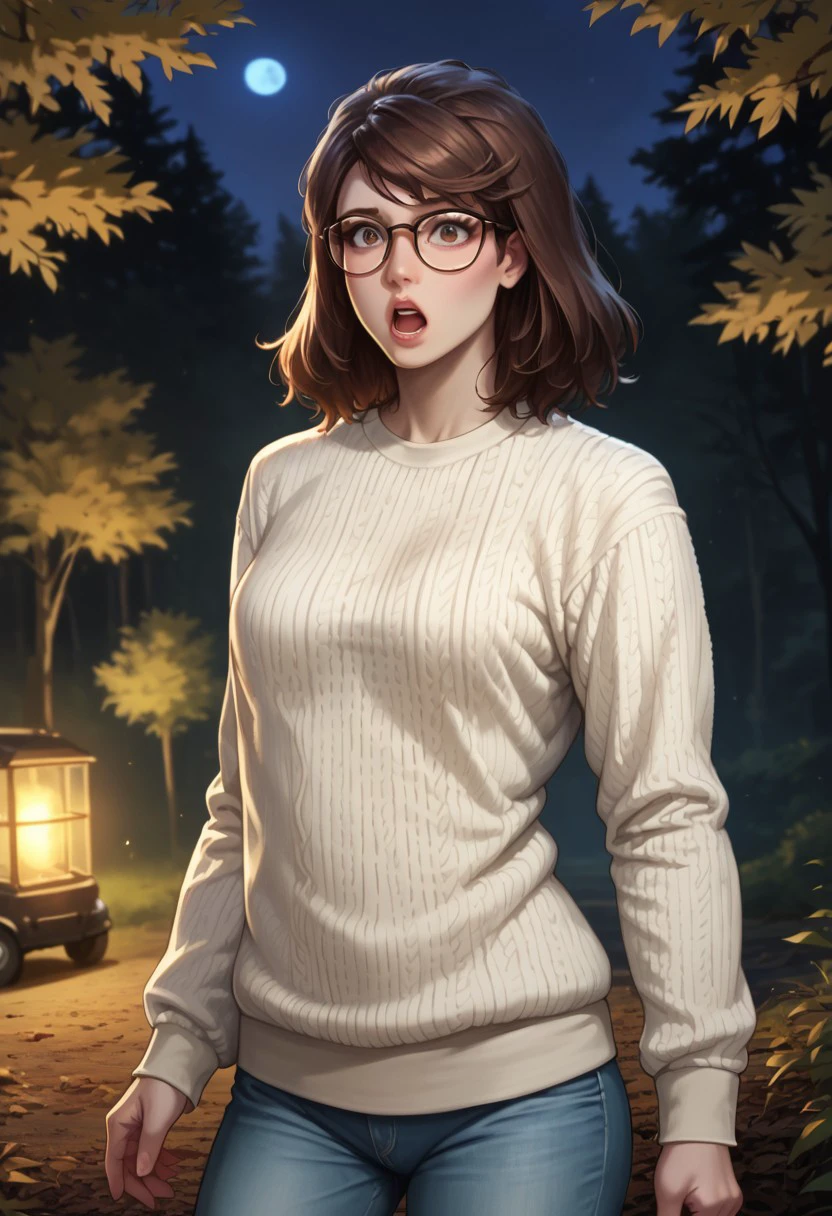 score_9, score_8_up, score_7_up, score_6_up, source_realistic, cowboy shot, BREAK surprised, 1girl, solo, deborah, brown hair, big hair, swept bangs, glasses, sweater, jeans, forest, at night,