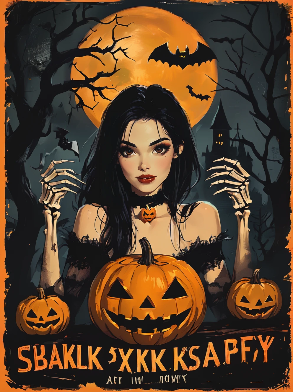 ,shengdanjie,1girl,bat \(animal\),solo,black hair,jack-o'-lantern,long hair,pumpkin,halloween,looking at viewer,(Halloween poster with "Happy Halloween" written in English at the bottom of the screen:1.5),choker,bare shoulders,lips,makeup,lipstick,brown eyes,upper body,halloween,pumpkin,bare tree,tree,night,castle,full moon,skeleton,black background,pumpkin,bone,<lora:Halloween-wwm:0.8>