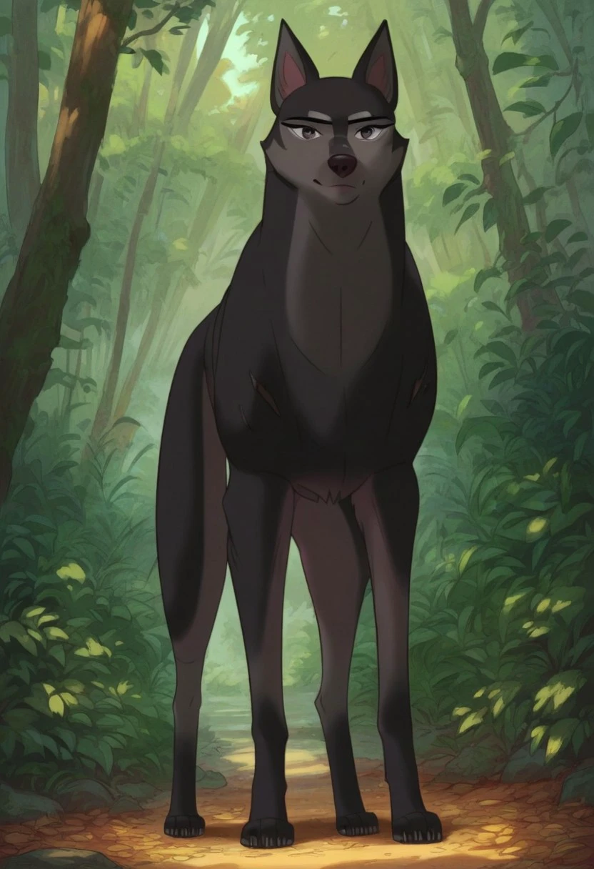 score_9_up, score_8_up, score_7_up, score_6_up, bami_underdog, female, feral, dog, black eyes, looking at viewer, closed mouth, smile, standing in a forest, full body, four legs, (painted art)