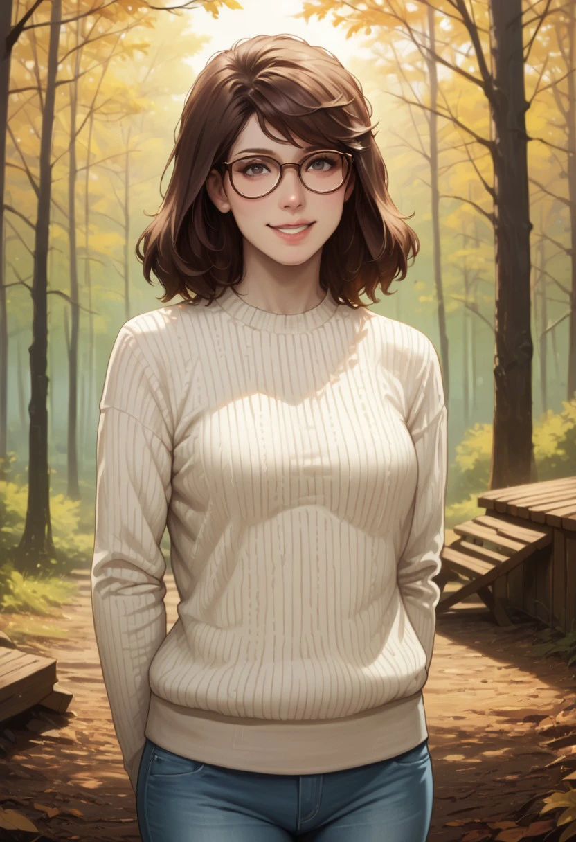 score_9, score_8_up, score_7_up, score_6_up, source_realistic, cowboy shot, BREAK 1girl, solo, deborah, brown hair, big hair, swept bangs, glasses, sweater, jeans, hands behind back, half smile, forest, cabin,