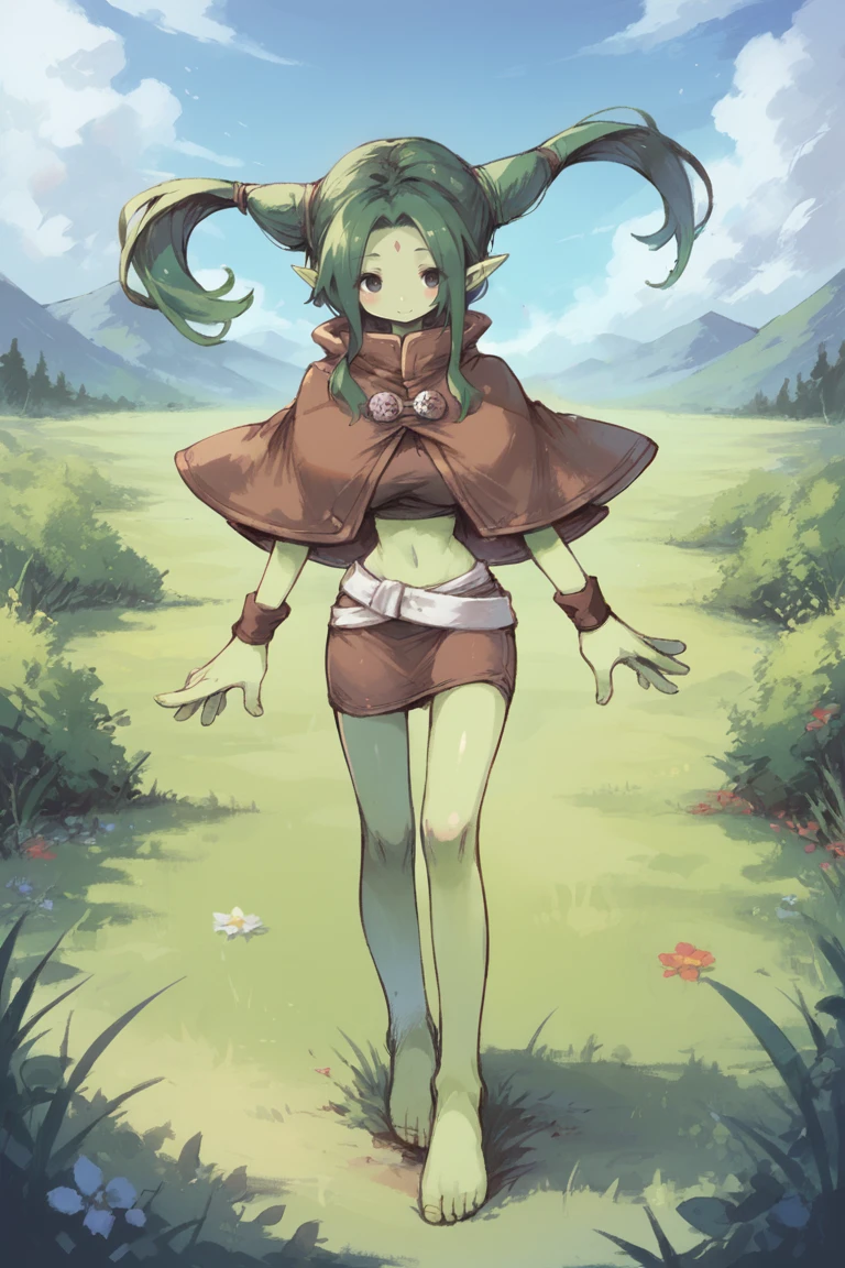 score_9, score_8_up, score_7_up, source anime, <lora:backgroundsetXL:0.3> , exterior, outdoors, plains, grass,  foliage, BREAK, solo, <lora:RuneElf:0.75>, 3lfdef, 1girl, green hair, twintails, sidelocks, colored skin, green skin, pointy ears, black eyes, forehead mark,  barefoot, popped collar, capelet, brown capelet, skirt, brown skirt, midriff, wristband, brown wristband, white belt, looking at viewer, large breasts, adult female, smile, blush, navel, long hair, low-tied long hair, cowboy <lora:KawaiiArtstylePonyXL:0.7> ((sky))