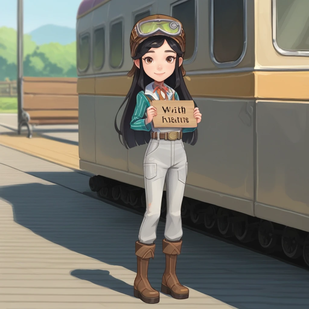 score_9, score_8_up, score_7_up, score_6_up, score_5_up, score_4_up, zPDXL2,source_anime,rating_questionable,  1girl, smile, looking at viewer, outdoors, standing, train platform, holding sign, <lora:Mi-an_-_My_Time_at_Sandrock:0.8> Mi-an_MTaS,  long hair,black hair, brown eyes, brown boots, long sleeves, overalls, goggles on headwear, striped shirt, hat, pants, belt