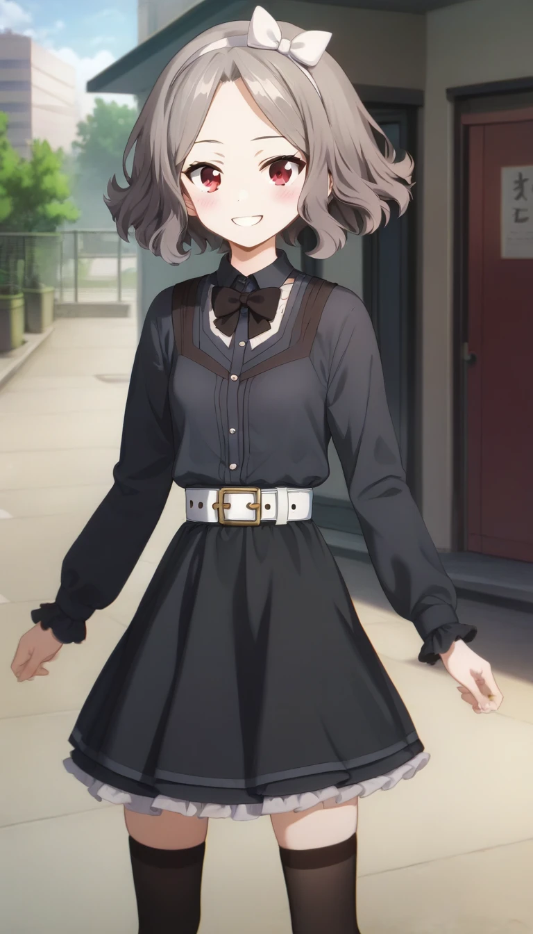 score_9,score_8_up,score_7_up,score_6_up BREAK official art,solo,outdoors,cowboy shot,looking at viewer,facing viewer,smile,blush,taut clothes,Tomo Ebizuka,wavy hair,grey hair,short hair,bow hairband,hair bow,grey bow,forehead,parted bangs,red eyes,collared dress,frilled dress,black dress,black bowtie,long sleeves,small breasts,white belt,zettai ryouiki,black thighhighs,loafers,black footwear,<lora:Tomo Ebizuka(gbc)-Pony:1.6>,