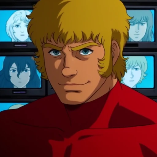 K0bura, with blue eyes and a focused gaze.  He is wearing a simple red suit that highlights his broad shoulders, drawing attention entirely to his expression and body language., giving him a stylish and rugged look., rogue-like personality.  The female character, several monitors display faces, with his signature blond, suggesting a tense or private moment