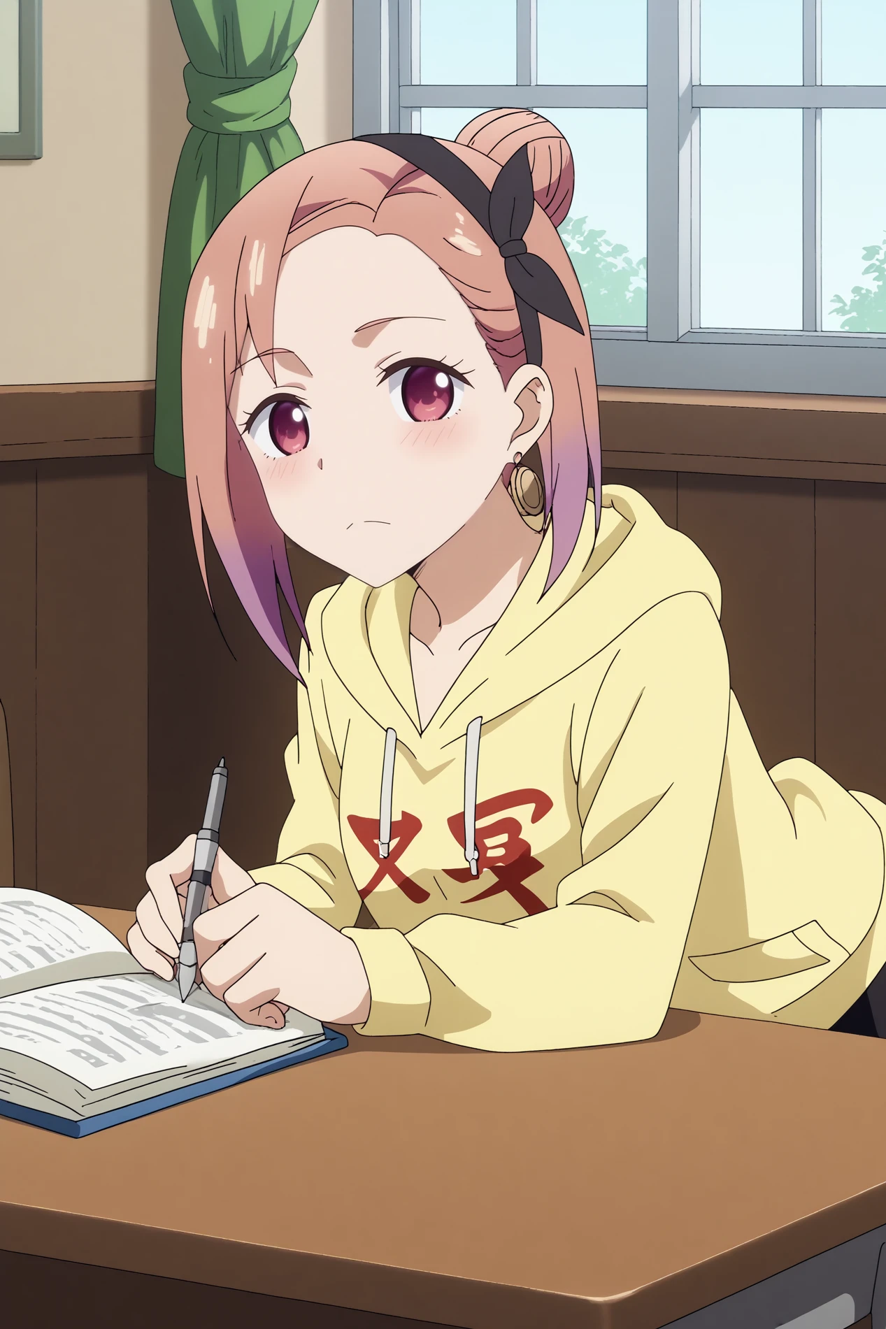  tsubame koyasu,1girl,solo,short,hood,hoodie,looking at viewer,jewelry,earrings,shuuchiin academy school uniform,school uniform,single hair bun,hair bun,multicolored hair,black hairband,yellow hoodie BREAK indoors,classroom,windows,potted_plant,  Lying on stomach with legs kicked up,  <lora:Tsubame_Koyasu_-_Kaguya_sama.safetensors:0.8>