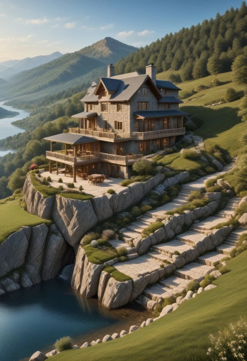 ultra-realistic image with high resolution and stable focus, correct and accurate anatomy, correct and accurate objects, different perspective, perfect detail, of architectural style of a house built of stone and wood merged with nature and designed for ecological neutrality, over a hill in the mountains, wide porch, table and chairs, barbecue, fire pit, swimming pool, dug into the rocks, grass covered roof, steps, stone path, waterfall, lake, river, ultra realism, photo realism, single story, multi story, pitched, wind generators, solar panels, sunset, birds in the sky