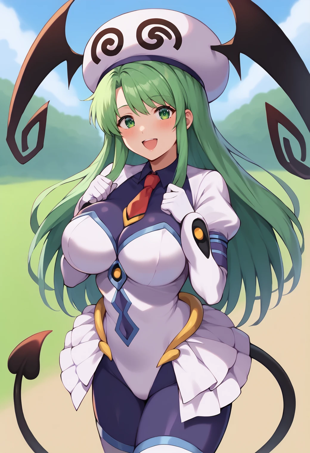 score_9, score_7_up, hd, (ultra hd quality details), source_anime, outdoors, blurry background,
solo, 1girl, artmphel, green hair, green eyes, large breasts, huge breasts, wide waist,
lalabodysuit, hat, demon wings, demon tail, white leotard, puffy sleeves, white gloves, necktie, showgirl skirt,
looking at viewer, blush, smile, open mouth, 
standing, from side, hands up,
 <lora:_artemis_phelios-elesico-ponyA-05:1> <lora:_lalas_bodysuit-elesico-pony-05:1>