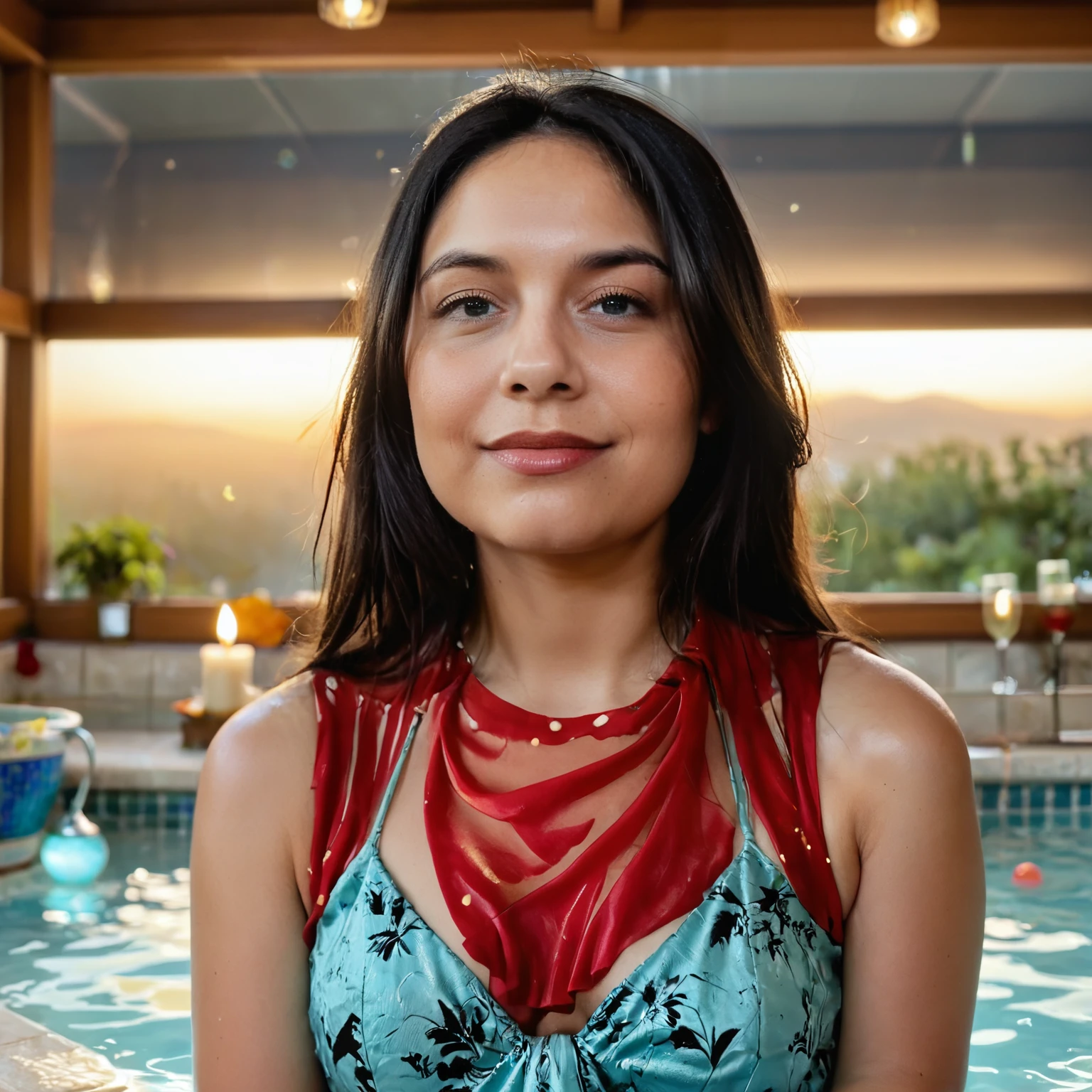 cinematic photo an exquisite portrait photograph, 85mm medium format photo professional portrait of a woman at a party at midnight, indoors, bay area, candles, hot tub, friendship, fun, peyote colors, cinematic movie still .35mm photograph, film, bokeh, professional, 4k, highly detailed
