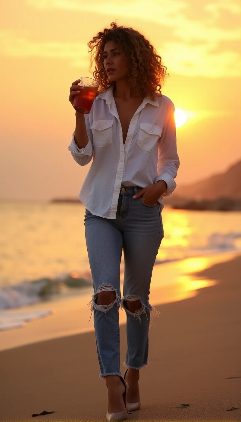 Draghixa, a woman with curly hair, is having a cocktail on the beach by sunset. she is wearing a white buttondown shirt and ripped jeans and highheels <lora:DraghixaV2:0.9>