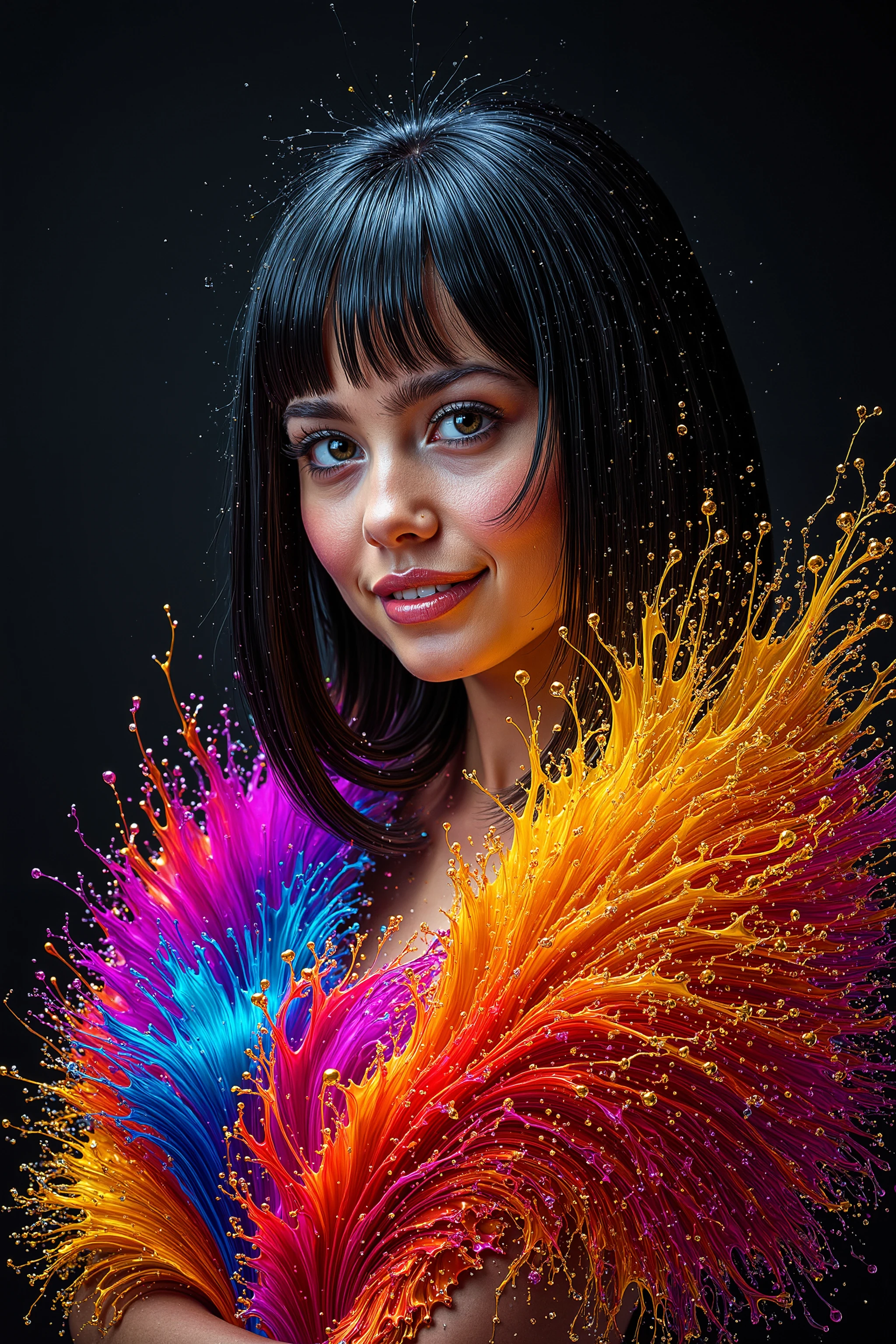 This vibrantly detailed image featuring a shapely Spanish woman. (Her figure from chest to hips is wrapped  with a flashy FLS intense splatter fluffy fur:1.4), contrasting with the dark background. (Faint smile. A pure diamond of youth beauty and charm:1.3). (Vibrant colors, fine details). Her  glossy hair is impeccably styled in a sharp geometric bob that frames her face perfectly, with blunt bangs that rest just above her eyebrows. The hair shines with a mirror-like finish, reflecting light and adding to the polished, almost metallic look. 
<lora:flux_fluffysplash_fls:1>