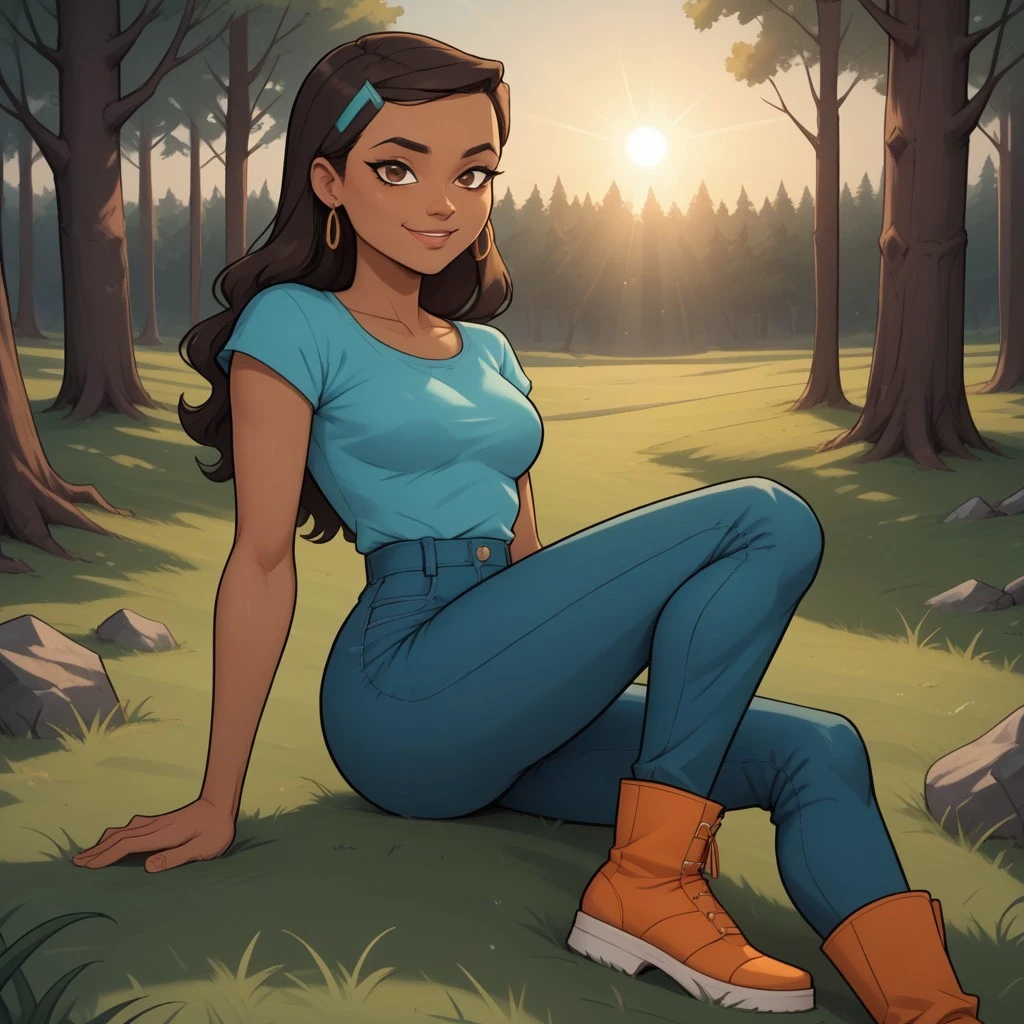 score_9, score_8, BREAK, solo, cyan shirt, 1girl, jeans, dark brown hair, hair buckle, long hair, earrings, dark skin, brown eyes, orange footwear, lips, breasts, total drama, Priya_(Total_Drama), sexy pose, smile, outdoors, sunlight, shadows, evening lighting, natural lighting, forest, trees, grass, orange sky, sunset