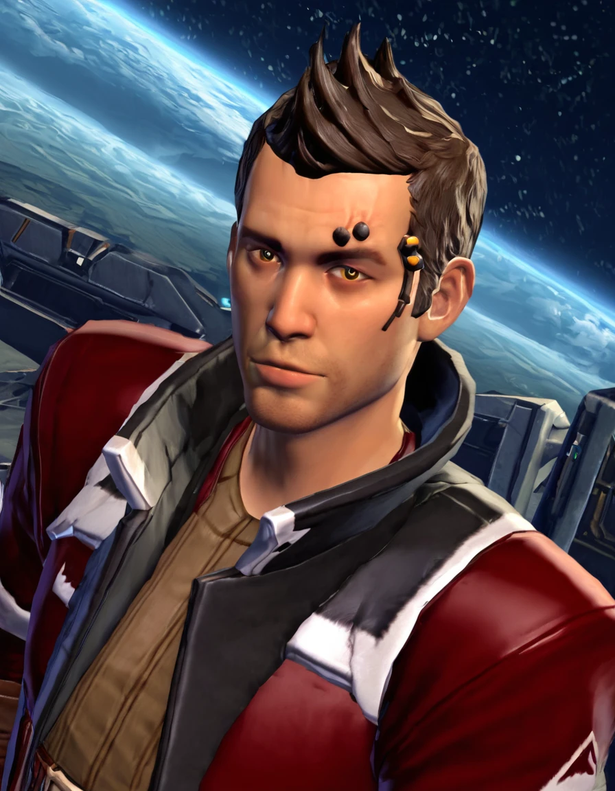 score_9, score_8, score_7_up, score_6, score_5, score_4, detailed eyes, spacecraft, night sky, realistic
BREAK 1boy, solo, <lora:Pony - Theron Shan (SWTOR) 2_epoch_13:0.8>, (theronshan, fauxhawk, brown hair, male, olive eyes, face implant, red jacket, brown gloves, brown shirt, belt, brown pants, black boots) close-up view, portrait, face, looking at viewer