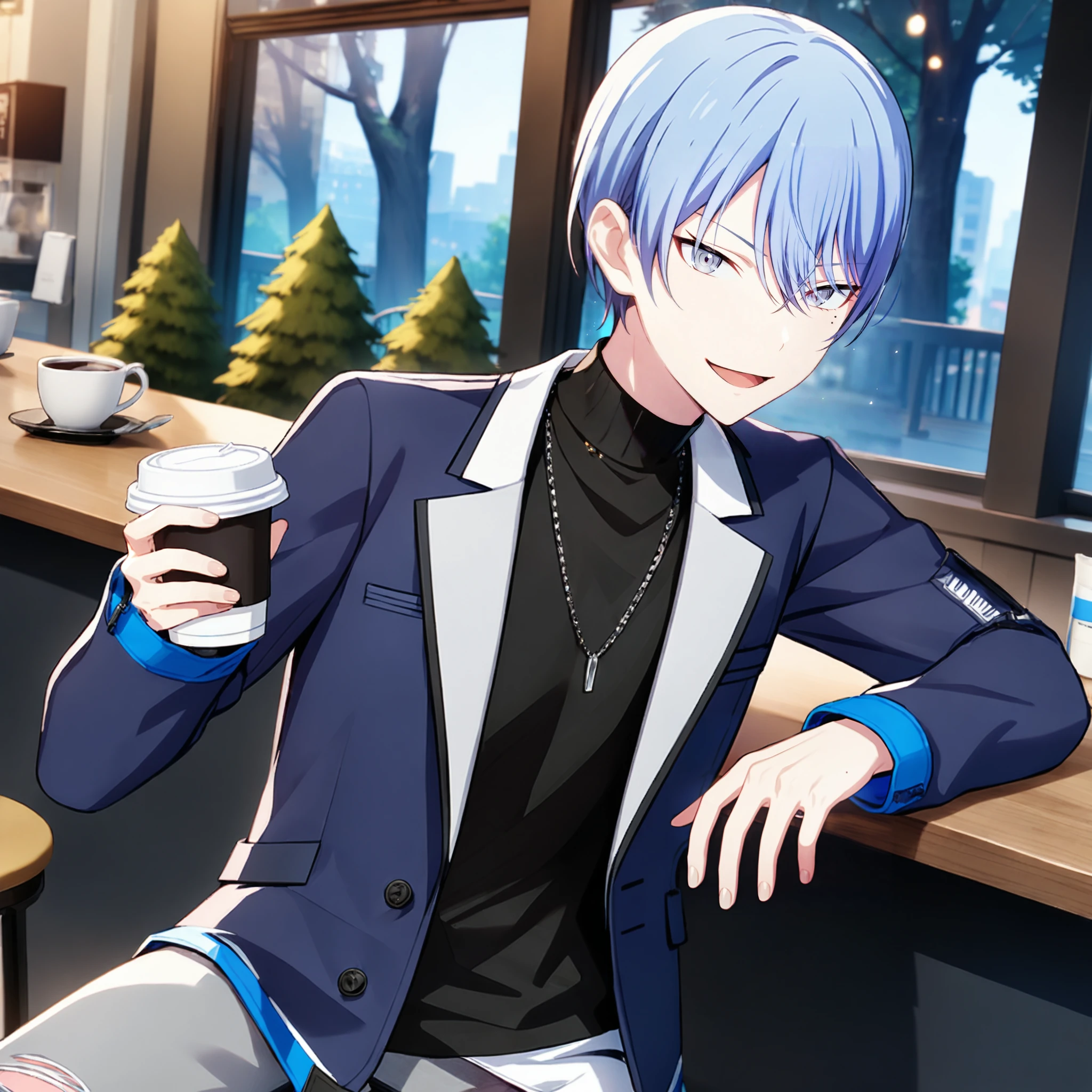 1boy, aoyagi toya, project sekai, masterpiece, very aesthetic, absurdres,
brandnew toya, two-tone hair, blue hair, silver hair, silver small eyes, mole under eye,
(looking at viewer:1.4), smiling, open mouth, sitting, holding coffee cup, BREAK
jacket, blue jacket, pants, necklace, open clothes, open jacket, long sleeves, shirt, turtleneck, black shirt, black sweater, turtleneck sweater, white pants, buttons,
in cafeteria, cups and saucers, bar counter, large window, trees, table, chair,
<lora:sdxl-vbs-BNSTy05:0.9:lbw=0,0,0.2,0.2,0,0.4,0.4,0,0.8,0.8,0,0,0,0.8,0.8,0.6,0.8,0.0,0.0,0.0,0,0,0,0,0,0>