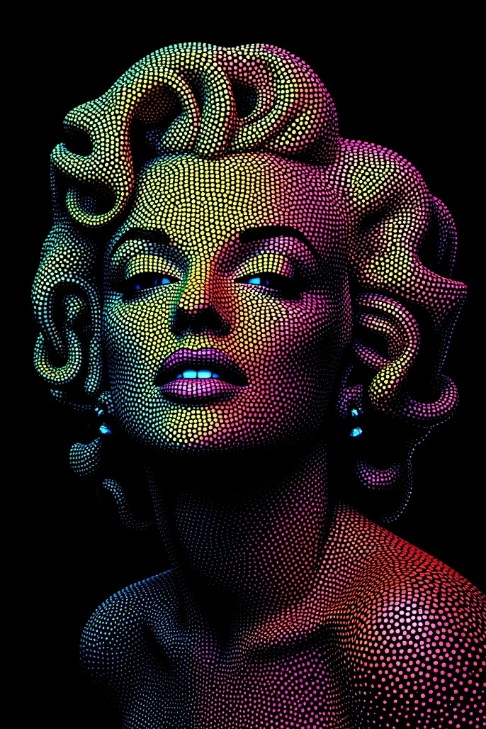 Marilyn Monroe, made from glowing dots, in the style of PSYCHDOT, isolated on a solid black background