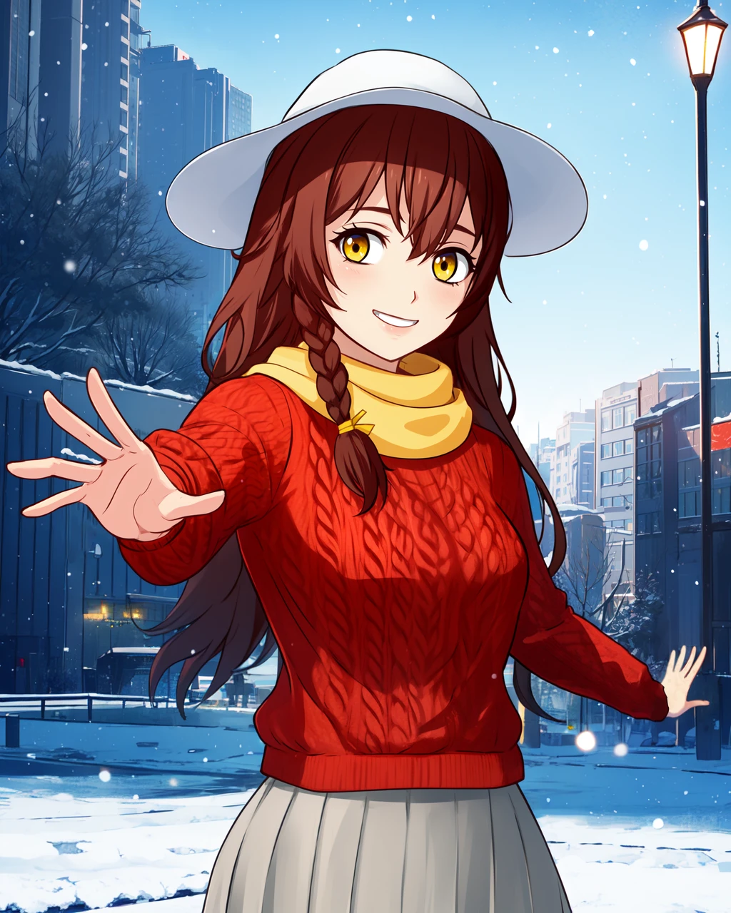 masterpiece, high quality, blyulia, 1girl, upper body, medium shot, brown hair, side braid, white hat, yellow eyes, yellow scarf, red sweater, grey pleated skirt, outdoors, city, park, winter, snow, dynamic pose, hands outstretched, smiling, cinematic lighting, sky, sunglare, (side view:0.75), <lora:blyulia:0.75>