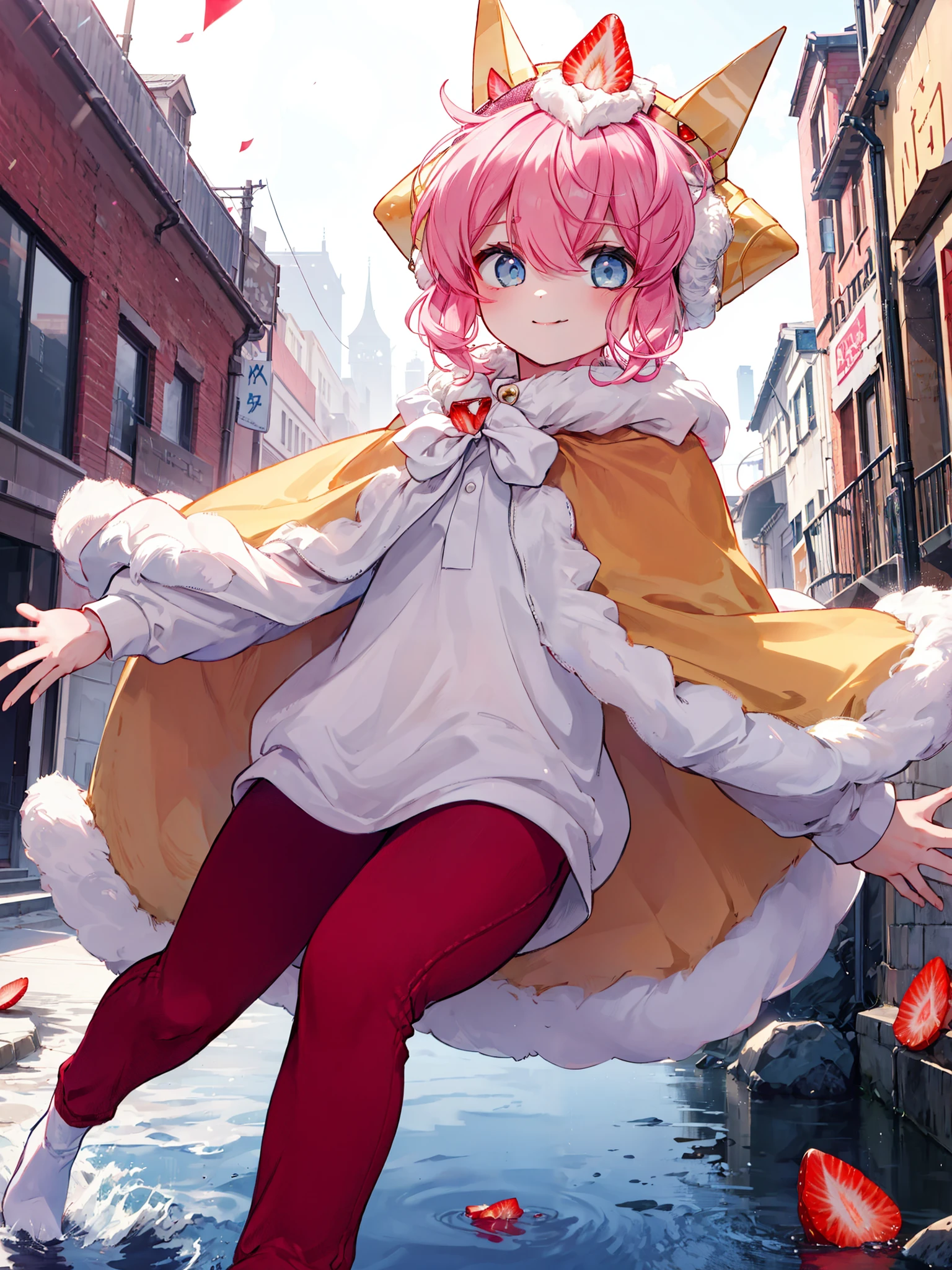 <lora:StrawCrepe5:0.75> SBCC, androgynous, short hair, fur-trimmed capelet, gold headgear, strawberry hair ornament BREAK, white shirt, volumetric lighting, solo, <lora:GoodHands-vanilla:1>, smile, outdoors, cone earmuffs, dynamic pose, floating, outstretched arms, red pants, field, white footwear, full body, long sleeves, best quality, masterpiece, high quality, highres