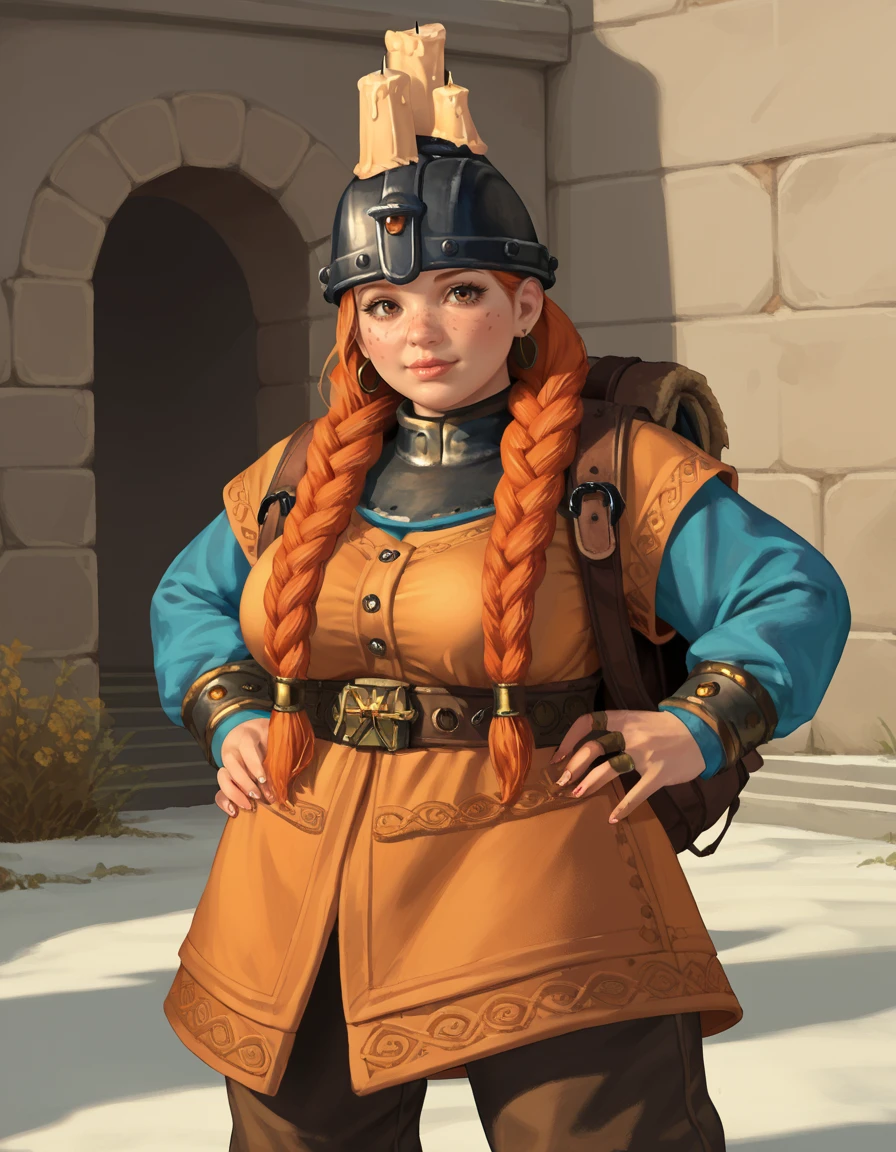 Score_9, Score_8_up, Score_7_up, 2d, source_cartoon, fantasy,
DwarfMiner, mature woman, backpack, candle on helmet,
curvy, short, plump, large breasts, braids, orange hair, freckles, solo,
<lora:DwarfMiner_PonyXL:0.75>