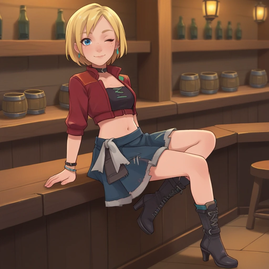 score_9, score_8_up, score_7_up, score_6_up, score_5_up, score_4_up, zPDXL2,source_anime,rating_questionable,  1girl,  looking at viewer, smile,  indoors, wink, tavern, <lora:Grace_-_My_Time_at_Sandrock:0.8> Grace_MTaS,short hair, blonde hair, blue eyes, freckles, choker,  red jacket,black crop top,  midriff, navel, skirt,  ankle boots, high heels, bracelet, earrings