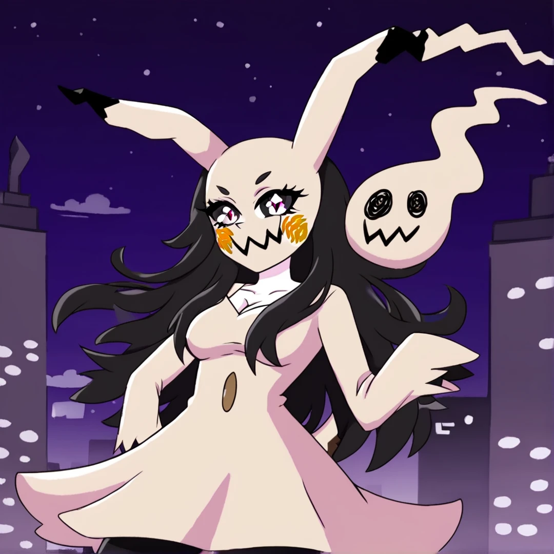 <lora:MimikyuHuman:1>, mimikyu-girl, wears a dress with a hood and long sleeves, ears on top of the hood, on top of the hood are poorly drawn eyes, the ears of the hood are half black, it's skin is grayish-beige, she has black eye sockets, white irises, black pupils, black long hair, black eyebrows, and she wears a grayish-beige mouth mask, with poorly drawn cheeks, and a zigzag mouth on it, she has huge breasts, a bubble butt, black thigh-highs, shadow hands, black heels, and black holes on her body, which are their eyes, under the mask, she has soft, plump lips, her tail is made of wood, and finally, she looks like a pikachu, solo, city, night, red sky