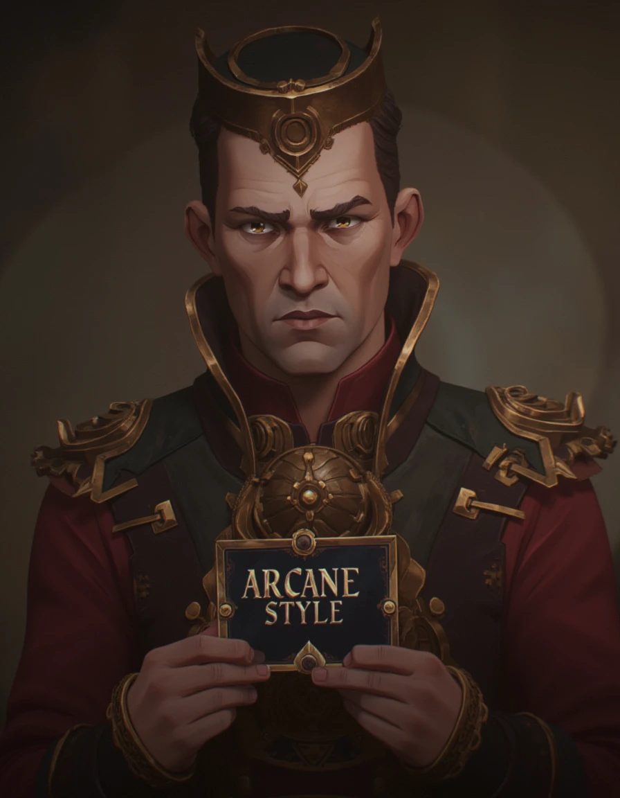 <lora:ARCANE_STYLE_FADOO-FLUX:1> arc4n3style, Portrait of  Guy steampunk hold panel with write:"ARCANE STYLE"âââ