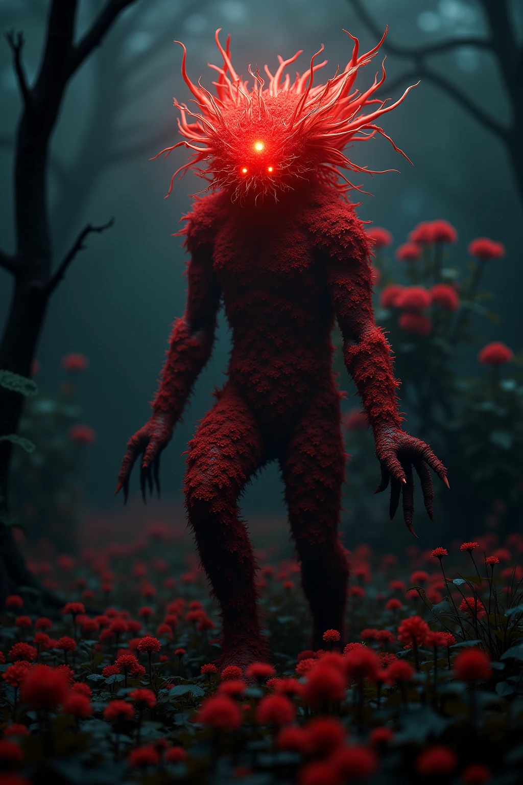 <lora:flowers_texture_flux:1> fantasy wold, a monster have head covered of light_effect, legs covered of grappe_flower, and body covered of red_flower, ultra realistic ultra high resolution photo, highly detailed, cinematic lighting
