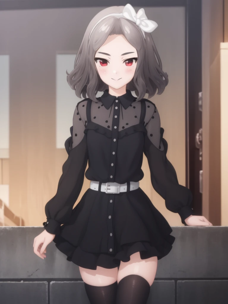 ((masterpiece)),(best quality),official art,extremely delicate and beautiful,extremely detailed CG,unity 8k wallpaper,ultra detailed,beautiful detailed eyes,extremely detailed face,outdoors,1girl,solo,cowboy shot,looking at viewer,facing viewer,smile,blush,Tomo Ebizuka,wavy hair,grey hair,short hair,bow hairband,hair bow,grey bow,forehead,parted bangs,red eyes,collared dress,frilled dress,black dress,black bowtie,long sleeves,small breasts,white belt,zettai ryouiki,black thighhighs,loafers,black footwear,<lora:Tomo Ebizuka(gbc):1.6>,