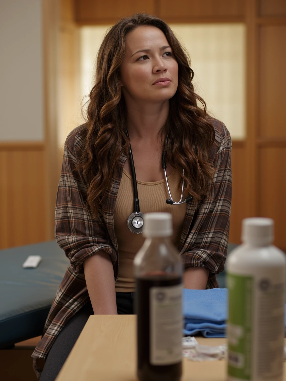 This is a high-resolution photograph featuring MoonBG, a young woman with long, wavy brown hair, light skin, and a slim physique. She is seated on a wooden bench or examination table in what appears to be a medical setting, based on the presence of medical equipment and supplies around her. She is wearing a casual outfit consisting of a beige tank top and a loose-fitting, long-sleeved, plaid shirt in shades of brown, black, and white. Over her tank top, she has a stethoscope hanging around her neck, indicating her role as a medical professional, possibly a nurse or a medical student. Her expression is one of contemplation or slight concern, with her lips slightly parted and her eyes looking off to the side.
The background is blurred, but it suggests a warm, well-lit room with wooden paneling and a mix of natural and artificial lighting. On the table in front of her are various medical supplies, including a blue cloth, a bottle of dark brown liquid, and a white container with green and white labels, likely containing medical supplies or cleaning products. The overall atmosphere of the image is calm and professional, capturing a moment of focused introspection or concentration in a medical environment.
<lora:Moon-Bloodgood_Flux1D_LOREVER:1>