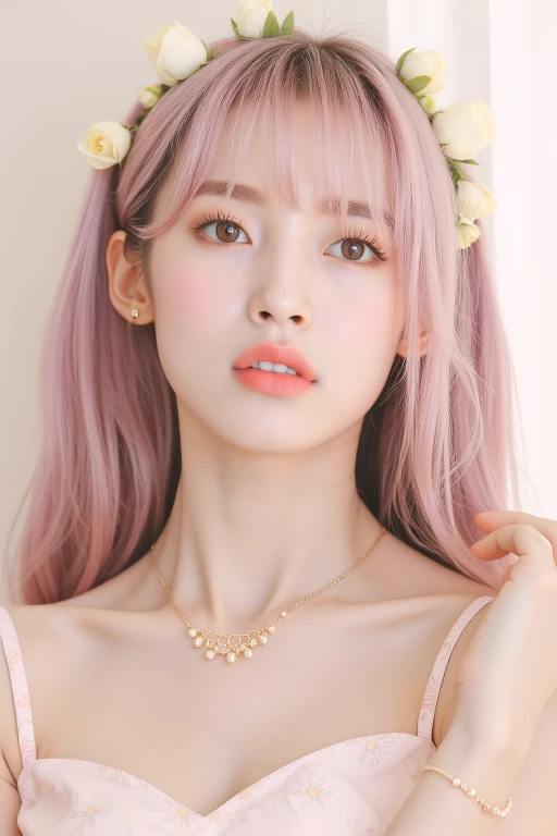 a high-resolution, softly lit photograph featuring a young Asian woman with a delicate, ethereal appearance. She has long, wavy hair in a soft pink hue, styled with bangs that frame her face. Her skin is a smooth, pale complexion, and her eyes are a striking feature, with a subtle, shimmery effect that catches the light. Her lips are painted a soft, muted pink, and she wears a delicate, beaded necklace around her neck. The background is a soft, creamy white, which helps to emphasize the subject's delicate features and the soft pastel colors of her hair and accessories. The image is rich in texture and detail, with a focus on the subject's serene and dreamy expression. The overall aesthetic is whimsical and romantic, evoking a sense of innocence and vulnerability. The photograph's soft focus and pastel colors create a dreamy, ethereal atmosphere, perfect for a fantasy or fairy tale-inspired setting. The subject's delicate features and accessories, such as the floral headpiece, add to the enchanting and otherworldly quality of the image. The style is reminiscent of high-fashion photography, with a focus on delicate, feminine beauty. <lora:Tissue_Arin_Flux_v1.1-LowRep:1>