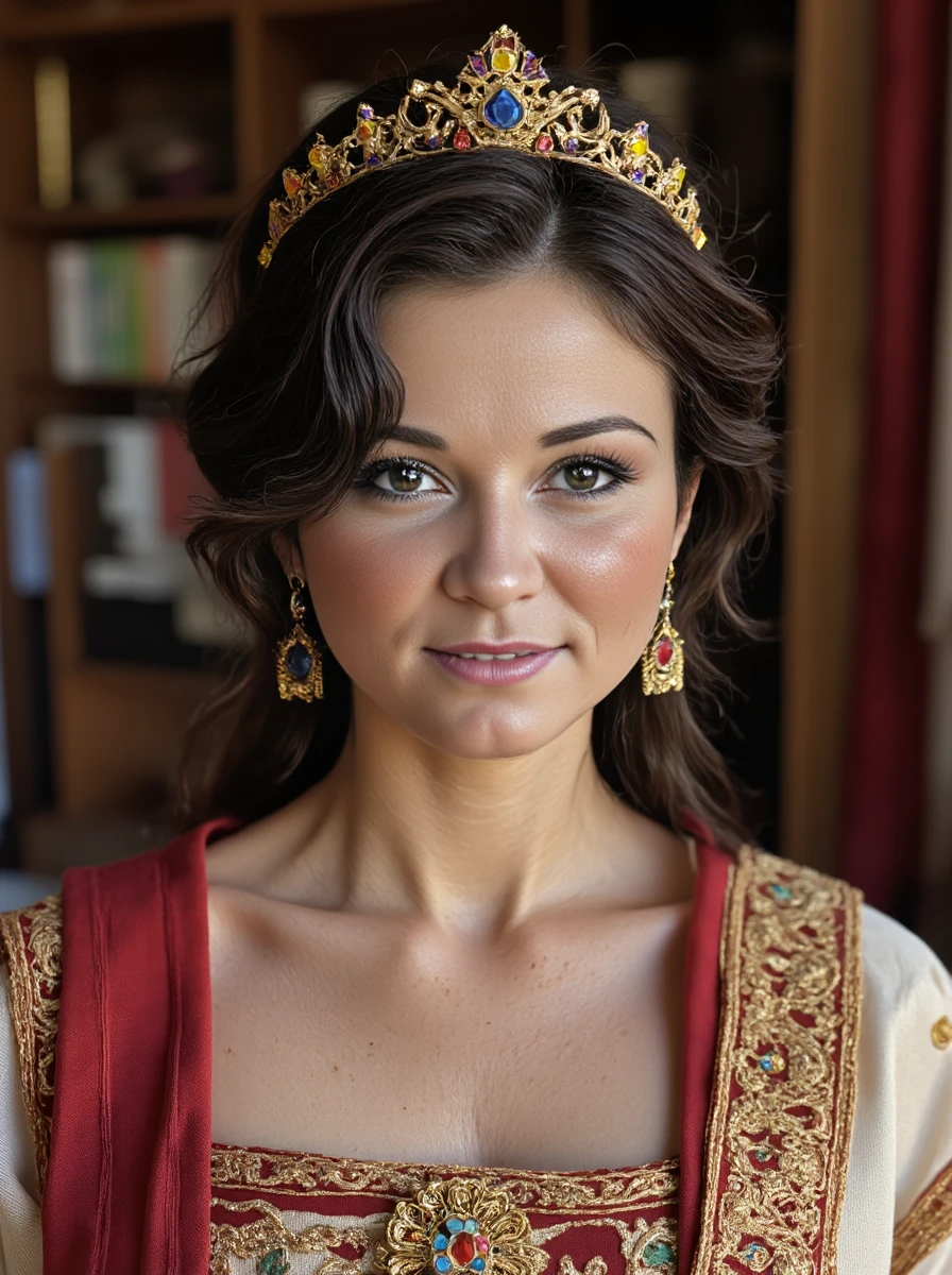 portrait photo of a cute dressed woman, wearing a Byzantine Emperor's regal attire with a jeweled loros (ceremonial scarf), a golden diadem, and embroidered silk robes, symbolizing divine rulership. Her skin has a high detailed texture and shows details like freckles,moles, small hairs and pores. <lora:nikilora:1.2>, <lora:iphone-dev-6:1> iphone photo