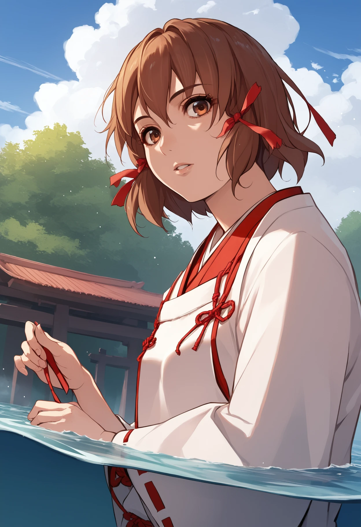 score_8_up, score_7_up, source_anime BREAK 1girl, solo,  <lora:minahakuba-sh-richy-v1_pdxl:1> minahakuba, brown eyes, brown hair, short hair, hair ribbon, red ribbon, japanese clothes, miko, outdoors, partially submerged, parted lips, looking at viewer, blue sky, cloudy sky