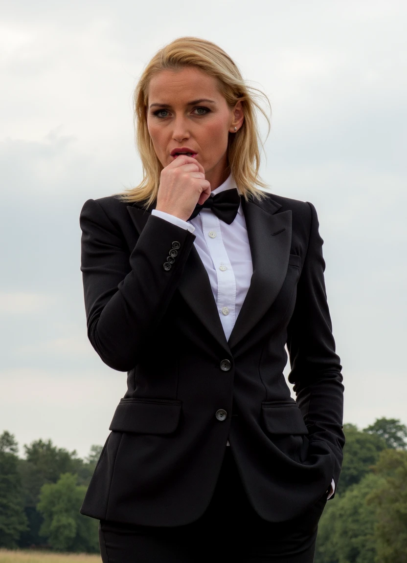 A high resolution photograph of a blonde mature woman named k4th14. Her teeth gently bite her lip in nervousness, unsure of what's next.She perfects the no-makeup makeup look with natural skin and minimal enhancement. She’s dressed in a classic tuxedo with tailored pants, a crisp white shirt, and a bow tie for a bold, gender-neutral look. Soft natural light from a cloudy sky fills the scene with a diffuse and even illumination, creating a serene mood. 