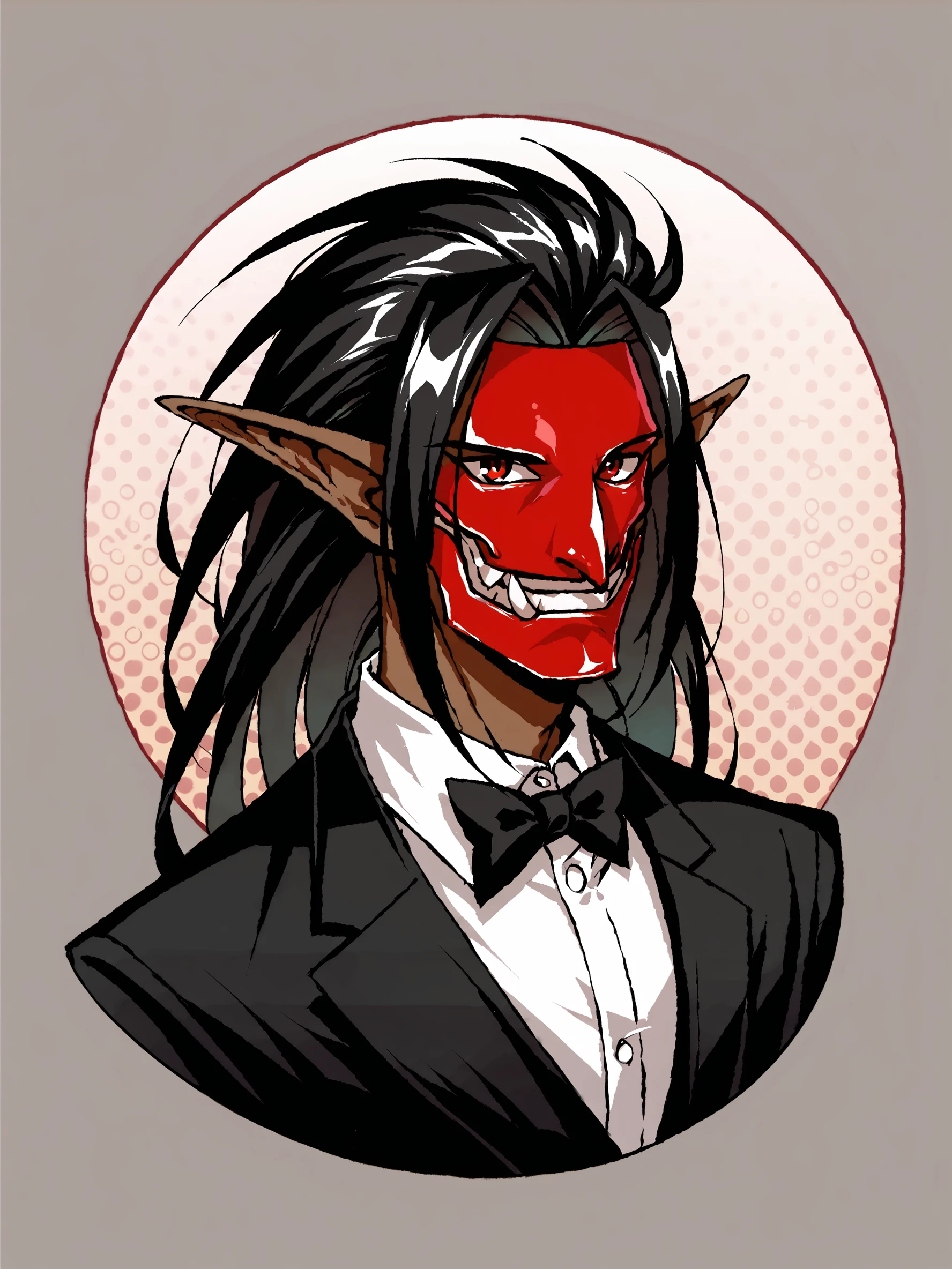 score_9, score_8up, score_7up, score_6up, score_5up, score_4up, abstract background, source_cartoon, rating_safe, BREAK
solo, male, 1boy, ss_tamtam, mask, dark skin, red eyes, pointed ears, black hair, long hair, black tuxedo, bowtie, BREAK
 <lora:Tam_Tam_-_Samurai_Shodown_-_PDXL:1.0>