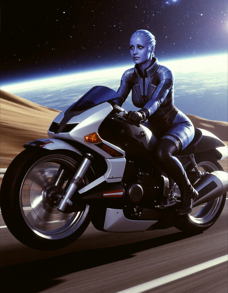 Liara T'Soni, blue skin, romantica, sits on a flying futuristic motorcycle, speed of movement, nebula planet, space ship background, scene from Mass Effect movie, 90s, 
(LiaraTis), <lora:flux-lora-Liara_08:1.1>, sci-fi