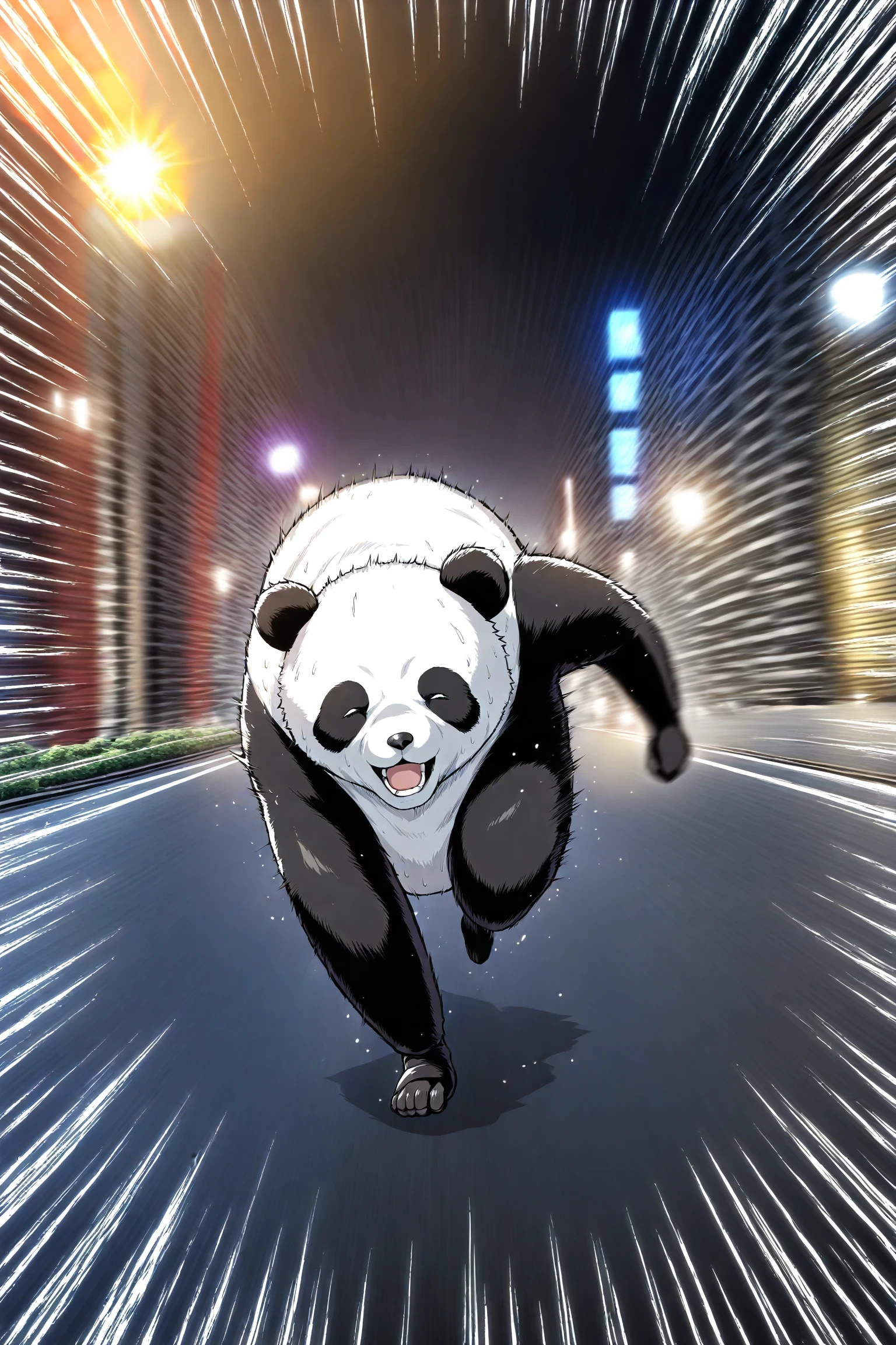 panda, running, street, motion blur, motion lines, emphasis lines, masterpiece, best quality