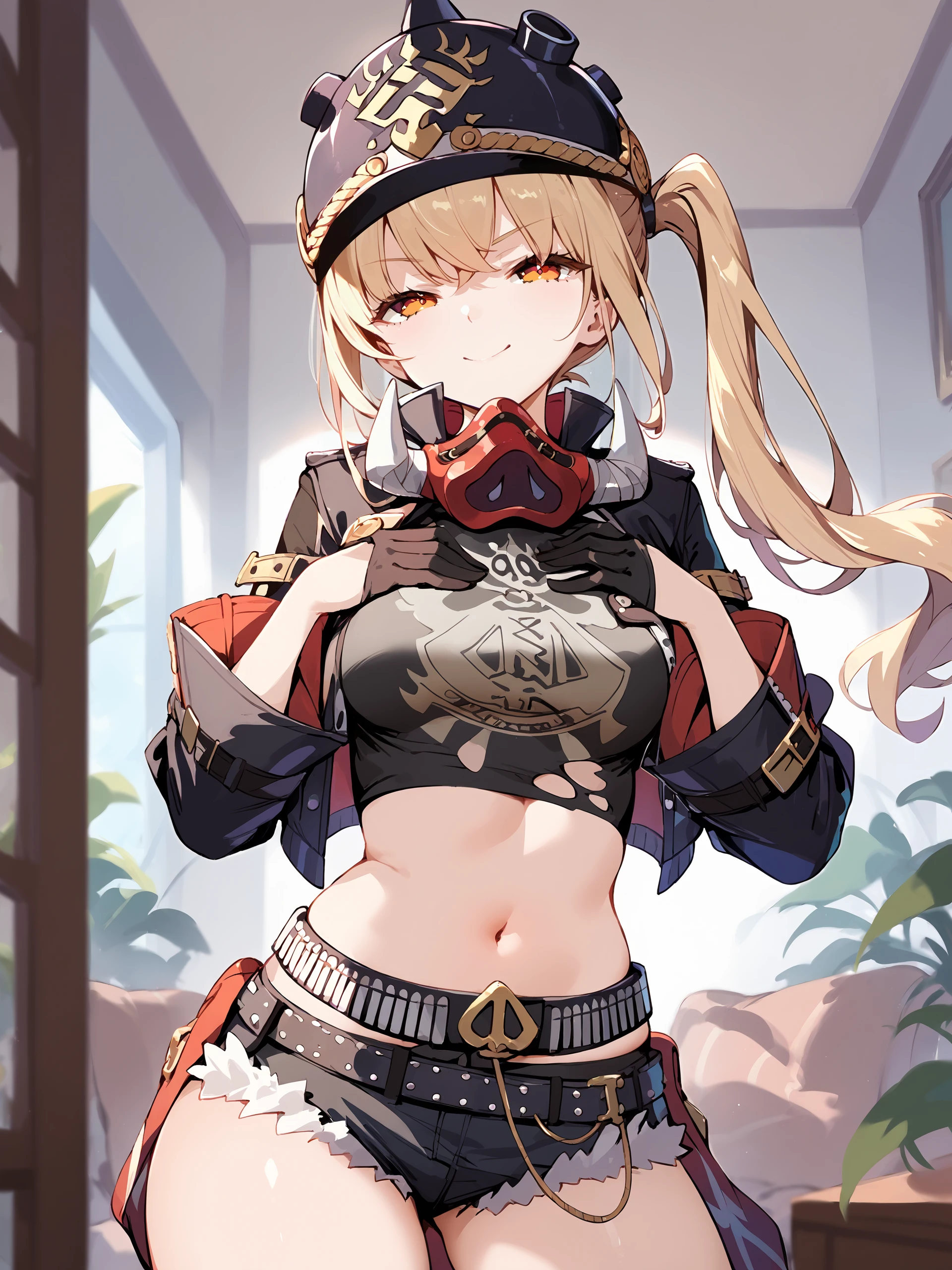 1girl, luciana de montefio, side ponytail, black helmet, cutoffs, half gloves, high belt, cropped jacket, mask around neck, black camisole, sarong, cowboy shot, standing, smug, looking at viewer, breasts squeezed together, hands on own chest, indoors, depth of field <lora:Char-ZZZ-Lucy-Pony-V1:0.9>, score_9, score_8_up, score_7_up, source_anime