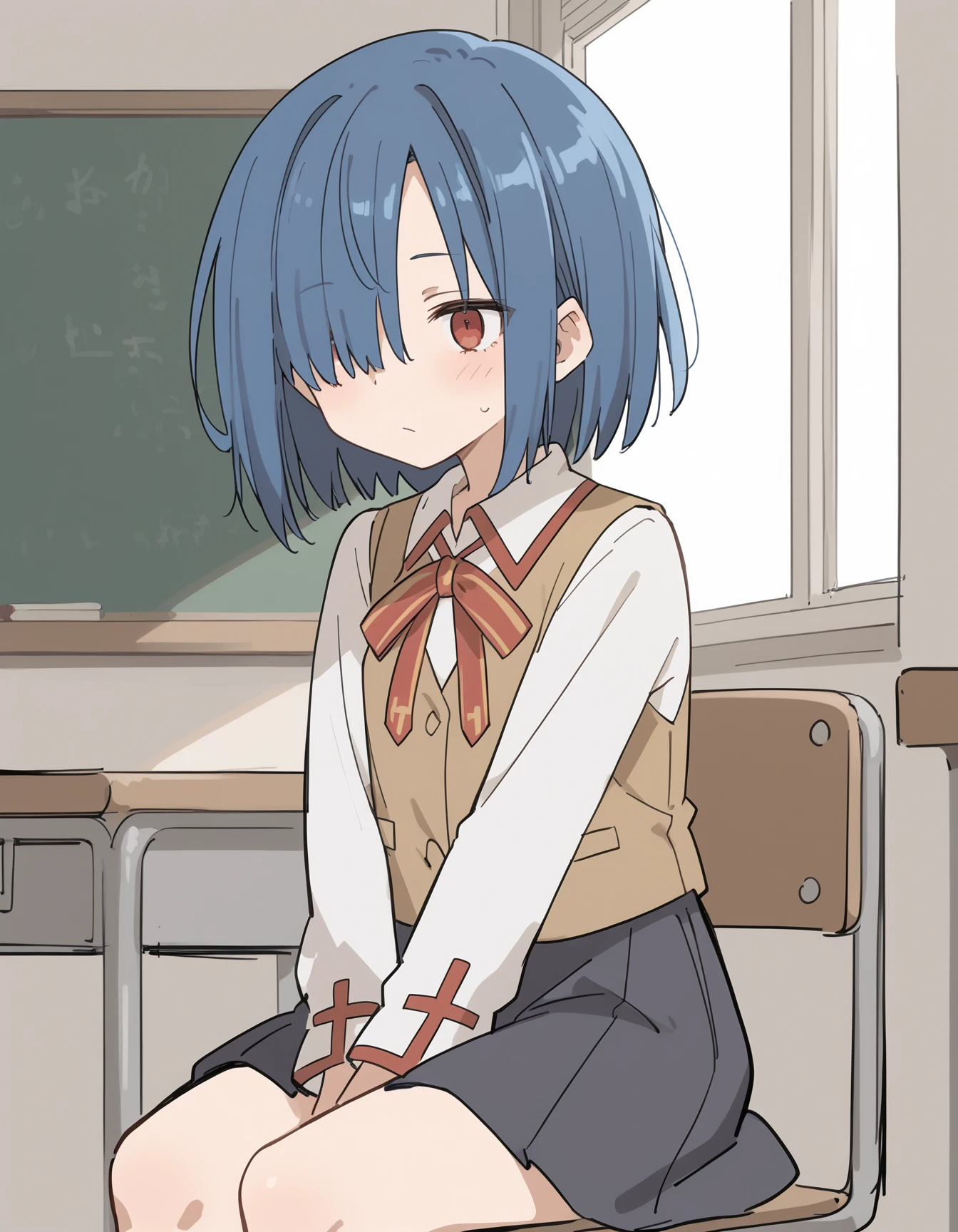 zPDXL2, score_9, score_8_up, score_7_up, source_anime, 1girl, solo, child, flat chest
<lora:Maa:0.6> maa, <lora:sketchart:0.6> sketchart,
light, skin, red eyes, blue hair, short hair, hair over one eye,
<lora:FateUniform-10:0.8> HomuraharaUniform, collared shirt, red neckribbon, brown vest, long sleeves, black skirt, medium skirt,
classroom, sit chair