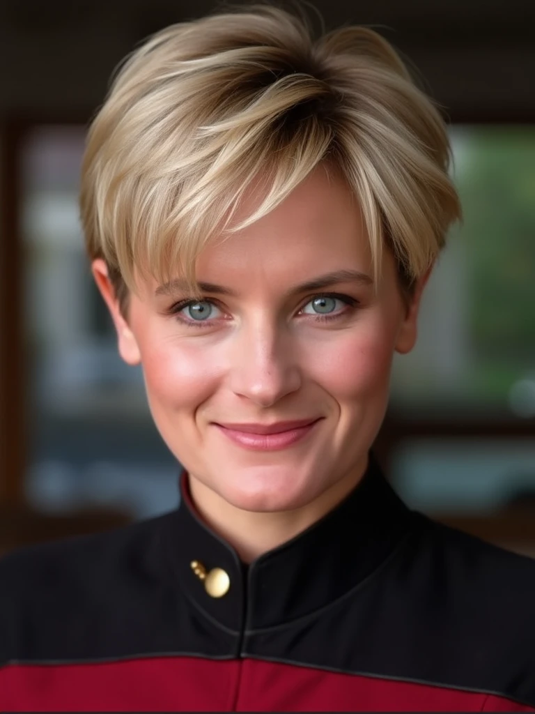 <lora:t8sh8y8r:1.3>  A woman Tasha Yar, exact replica with a pixie style haircut, smiling at the viewer