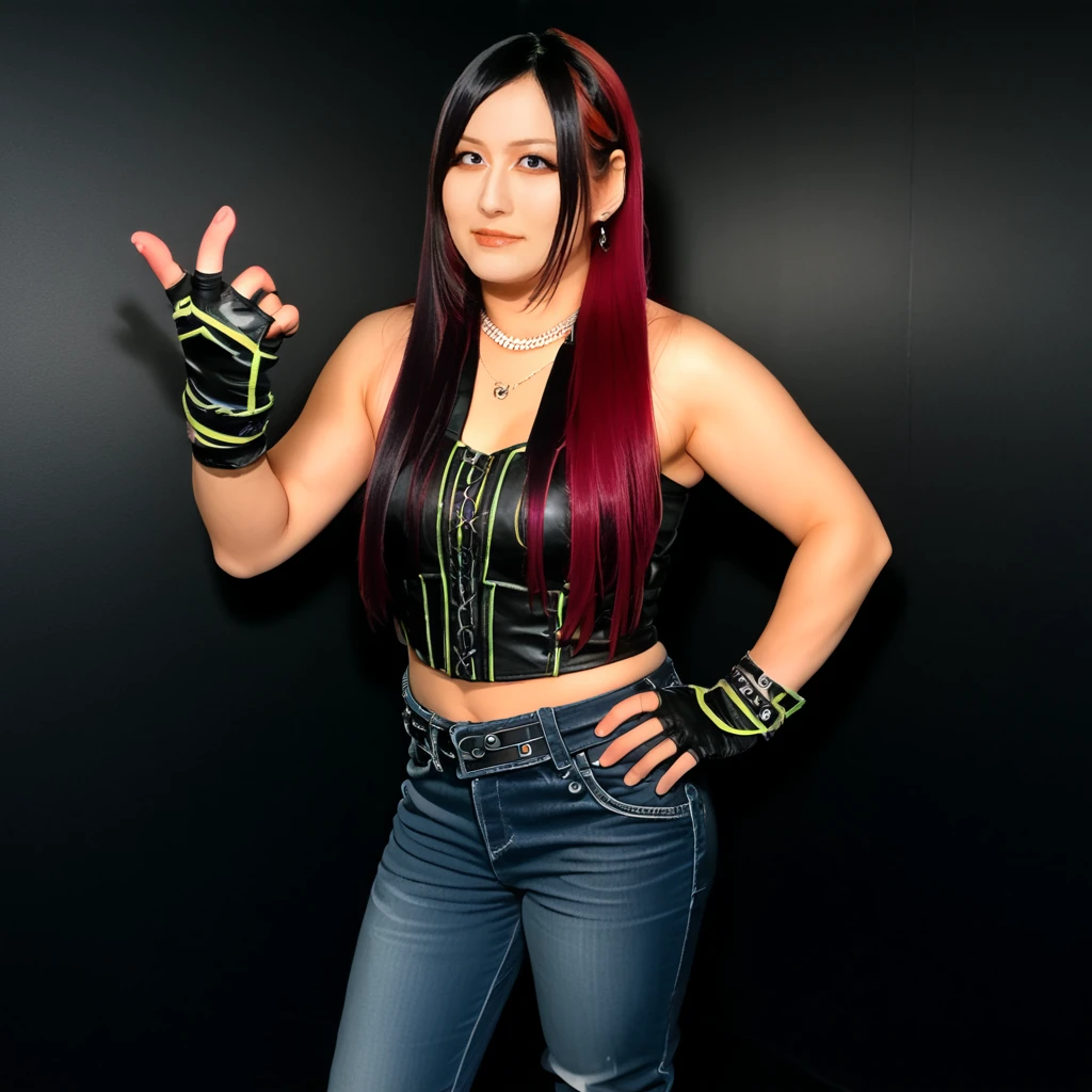 <lora:Pony_-_IYO_SKY:1>, 1yosky,1girl, solo, multicolored hair, gloves, pants, jewelry, red hair, fingerless gloves, black hair, necklace, long hair, two-tone hair, jeans, earrings, denim