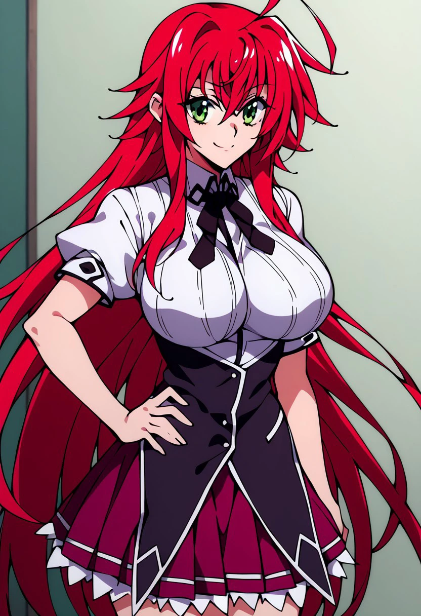 Highschool dxd, Rias Gremory, 1girl, (((bimbo))), puffy lips, Blue eyes Long red hair, painted lips, thick lips, wide hips, thick thighs, big natural breast, huge ass, erotic, Smil face, Big natural breasts, skirt, White panties, White top, revealing cleavage, tennis outfit, tennis,