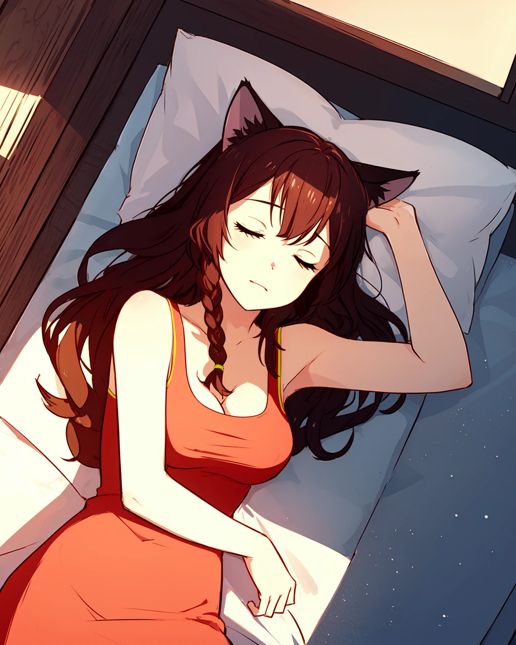 masterpiece, high quality, blyulia, 1girl, upper body, medium shot, brown hair, side braid, eyes closed, cat ears, red sleeveless dress, yellow hairpin, lying, view from above, indoors, sleep, sleeping, bed, bedroom, night, pillow, hands under pillow, <lora:blyulia:0.75>