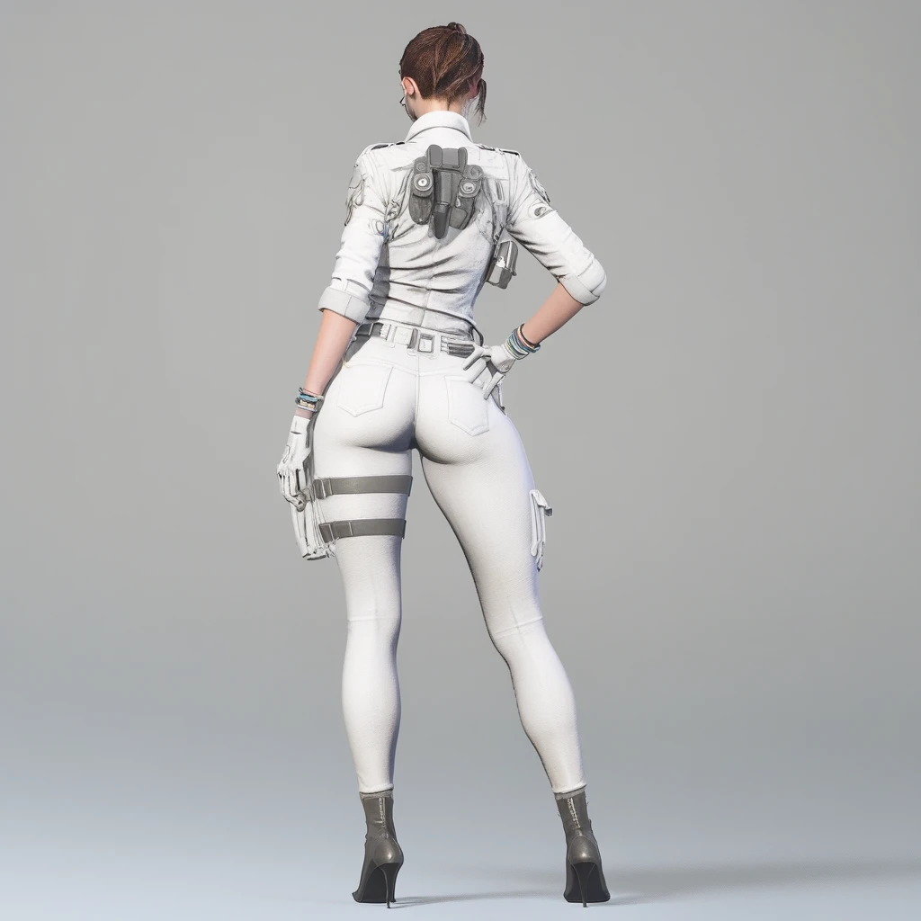 white pants, full body, open clothes, freckles, gloves, cleavage, ponytail, facing away, holster, high heels, portrait, upper body, looking at viewer