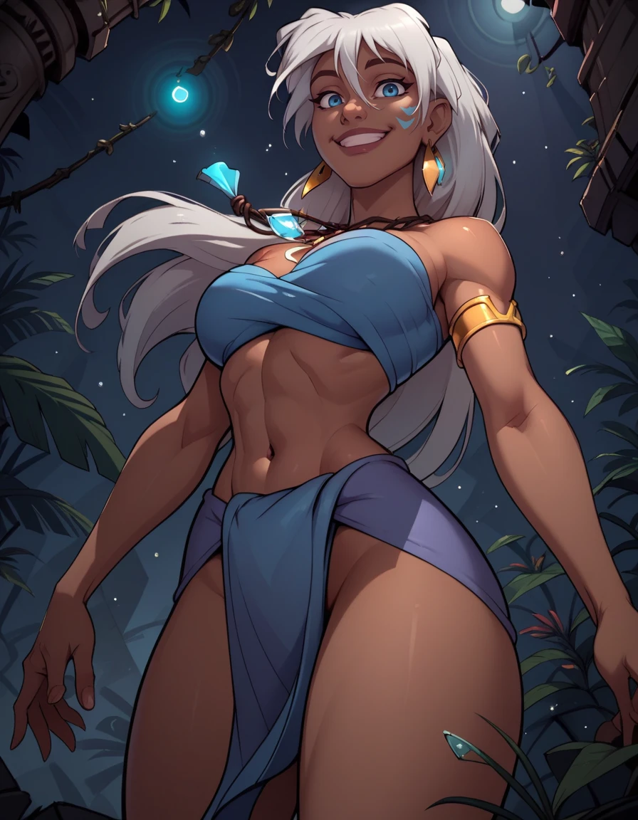 score_9, score_8_up, score_7_up,score_6_up, score_5_up, score_4_up ,
1girl, solo,
large breasts,
keetadg,
long hair, white hair, blue eyes, dark-skinned female,
smile,
from below,
night, light particles, jungle, ruins, 
loincloth, necklace, earrings, 
 <lora:Keeta DG v01A:0.90>