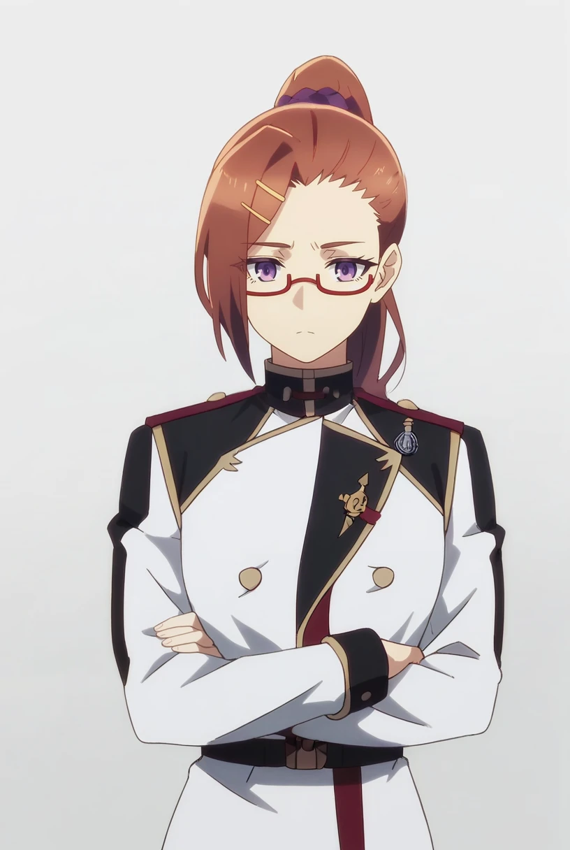 score_9_up,score_8_up,score_7_up,
TXWL_LFD,solo,purple eyes,red-framed eyewear,ponytail,military uniform,brown hair,long hair,<lora:TXWL_LFD_pony-000030:1>,cowboy_shot,white clothes,looking_at_viewer,arms_crossed,expressionless