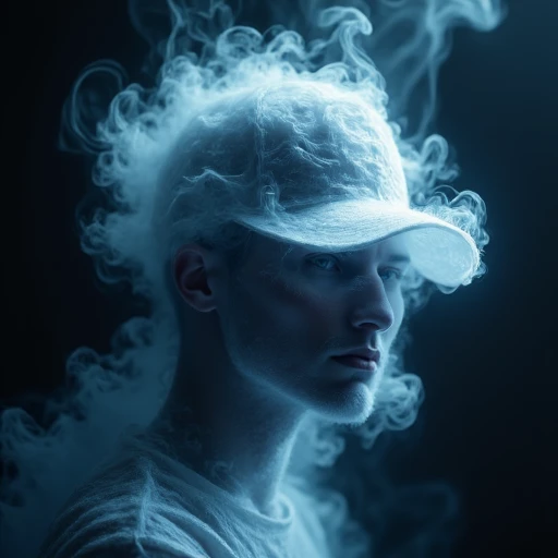 a man wearing a baseball cap made of smoke cloth