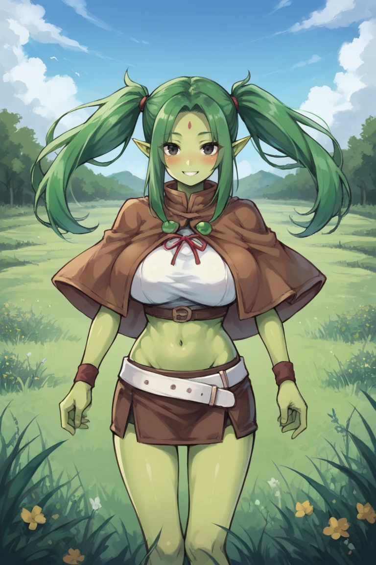 score_9, score_8_up, score_7_up, source anime, <lora:backgroundsetXL:0.3> , exterior, outdoors, plains, grass,  foliage, BREAK, solo, <lora:RuneElf:0.75>, 3lfdef, 1girl, green hair, twintails, sidelocks, colored skin, green skin, long pointy ears, black eyes, forehead mark, popped collar, capelet, brown capelet, skirt, brown skirt, midriff, wristband, brown wristband, white belt, looking at viewer, large breasts, adult female, smile, blush, navel, long hair, cowboy shot,   <lora:b3yum1XLP:0.5> , b3yum1, ((background))